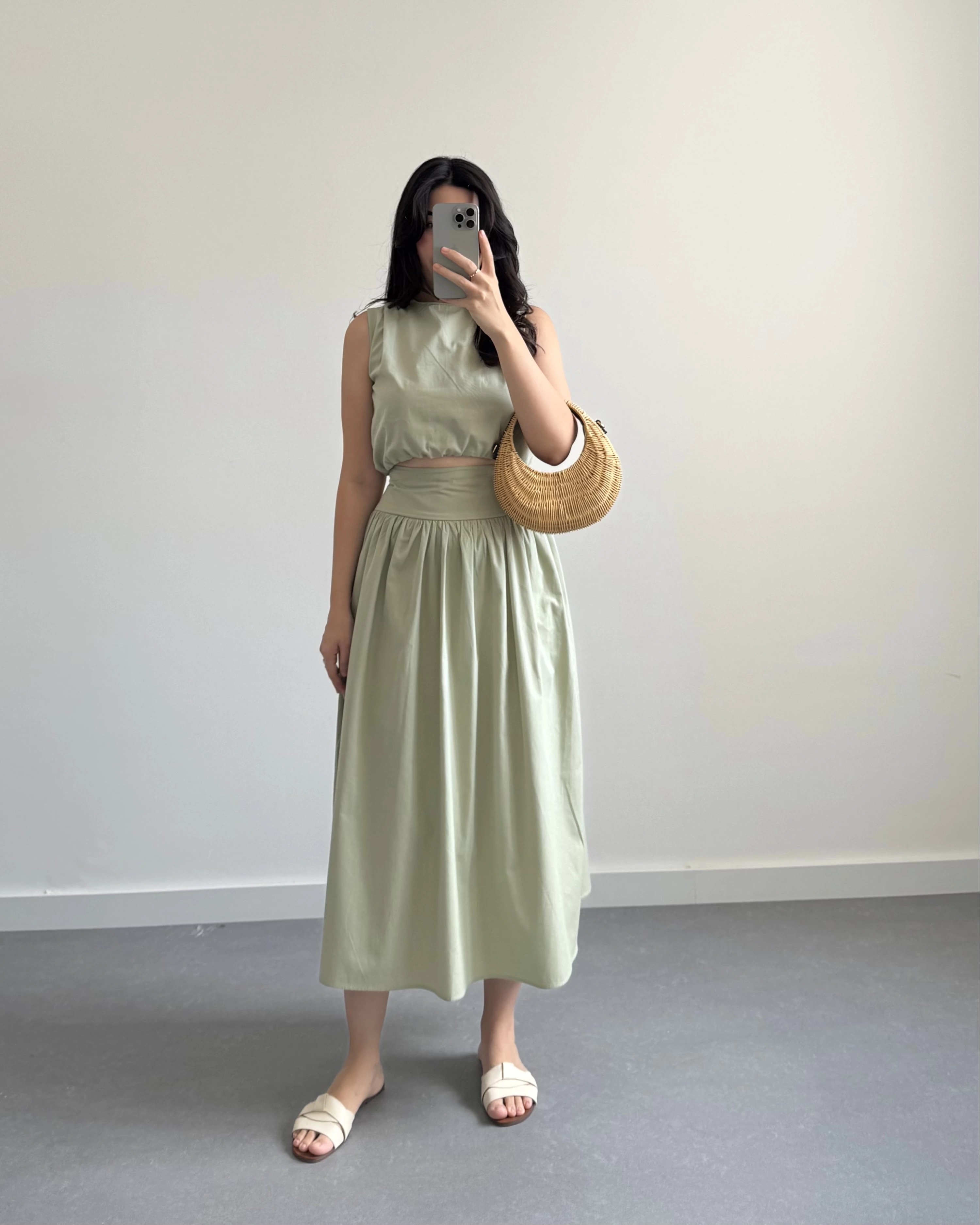MİNT YEŞİL CROP POPLİN ETEK TAKIM