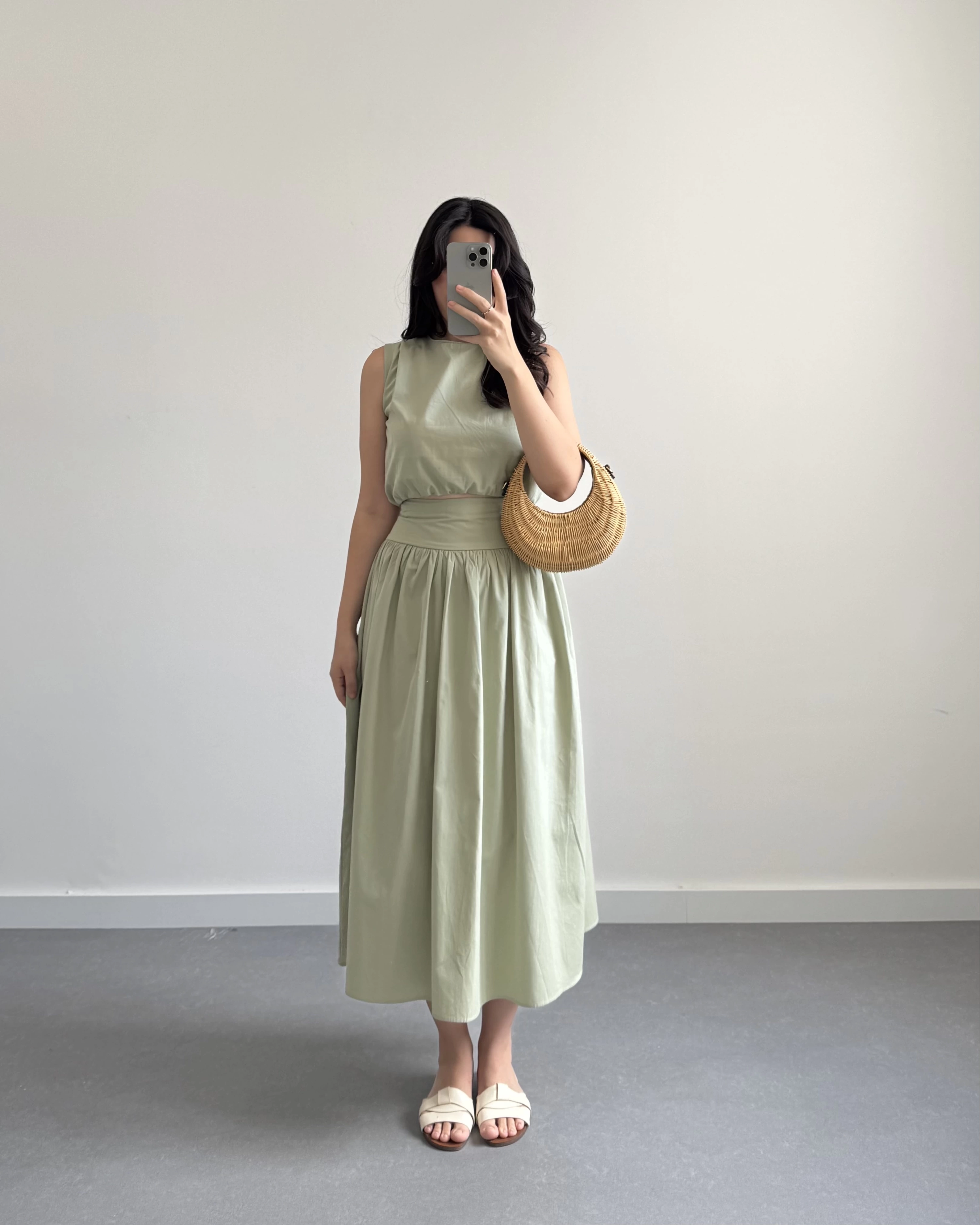 MİNT YEŞİL CROP POPLİN ETEK TAKIM