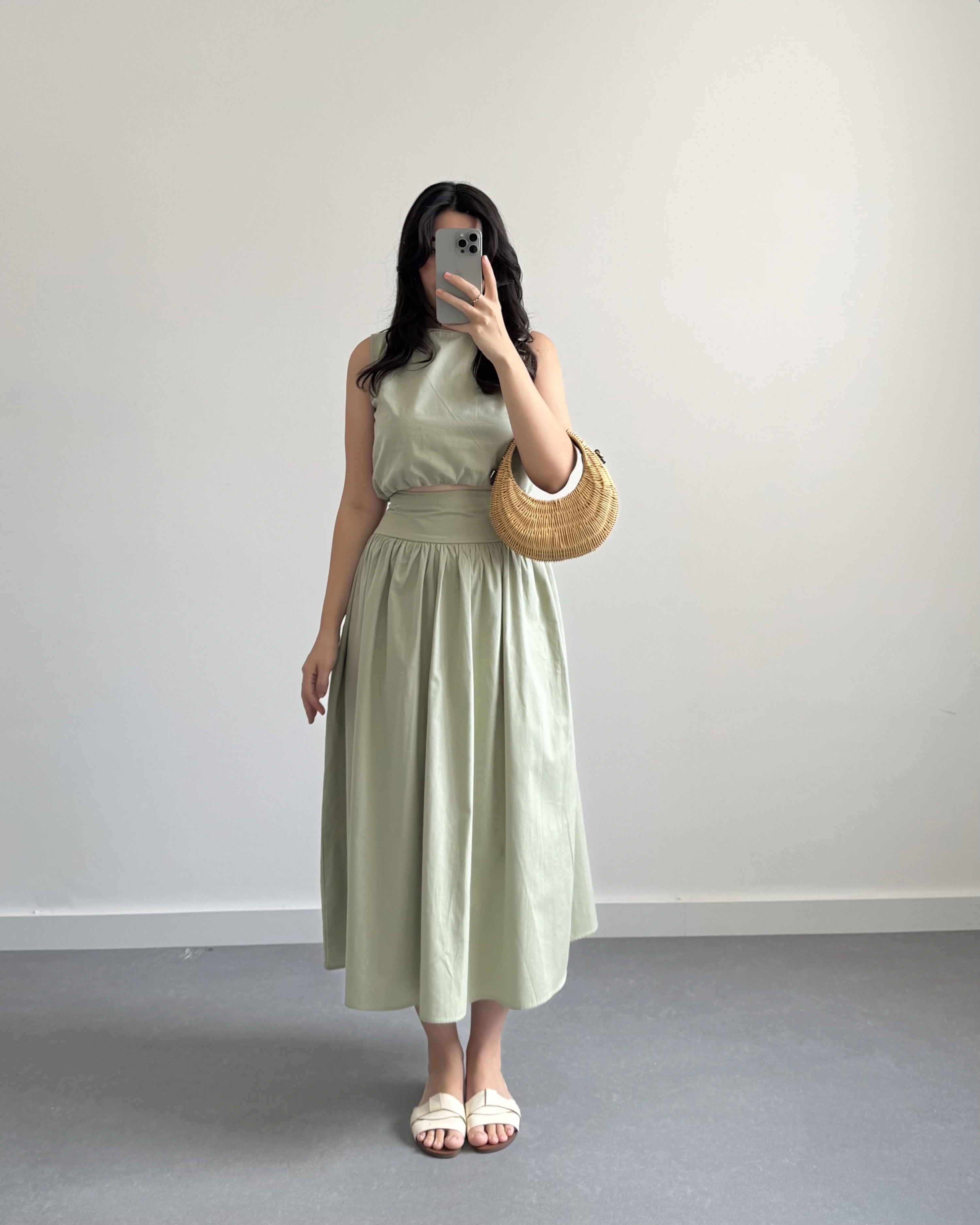 MİNT YEŞİL CROP POPLİN ETEK TAKIM