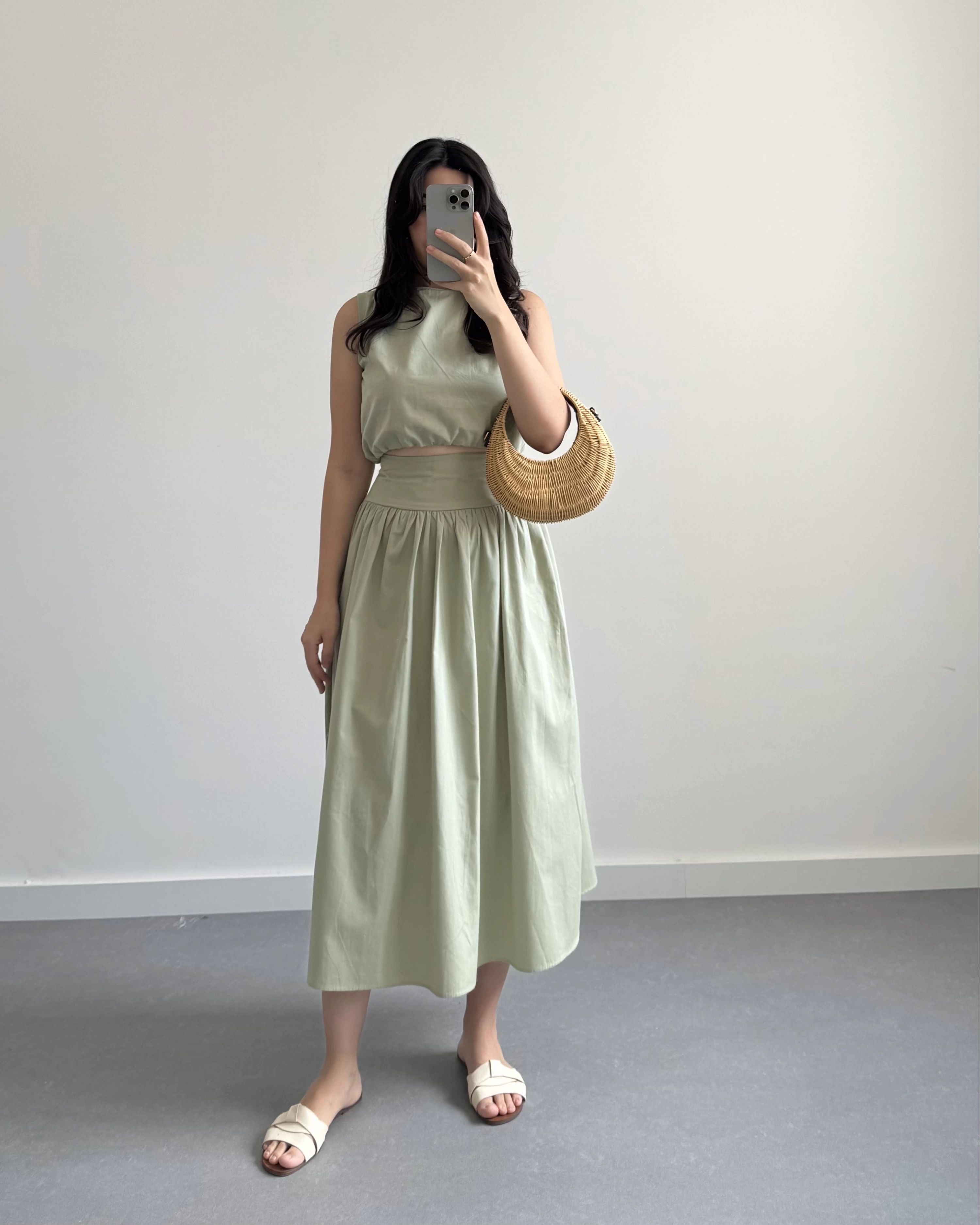 MİNT YEŞİL CROP POPLİN ETEK TAKIM