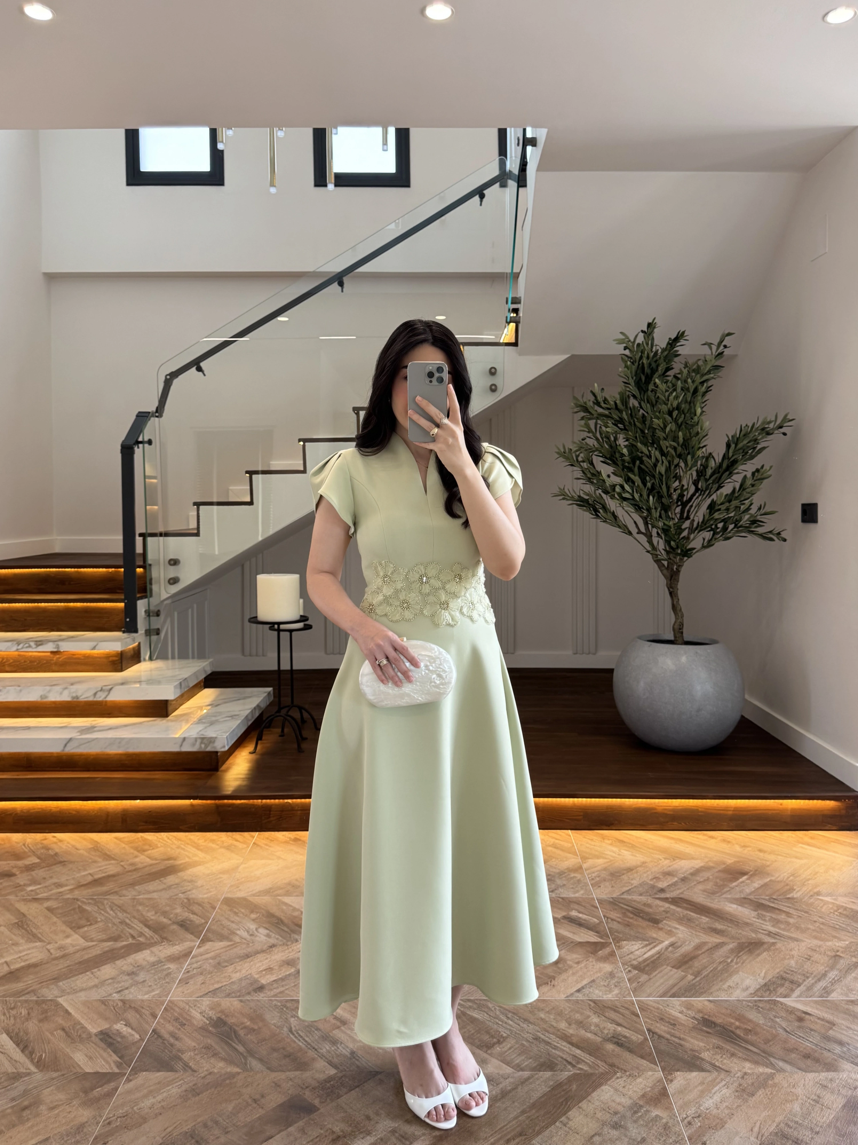 (ÖN SİPARİŞ )MİNT ÇİÇEK DESEN ELBİSE -3246