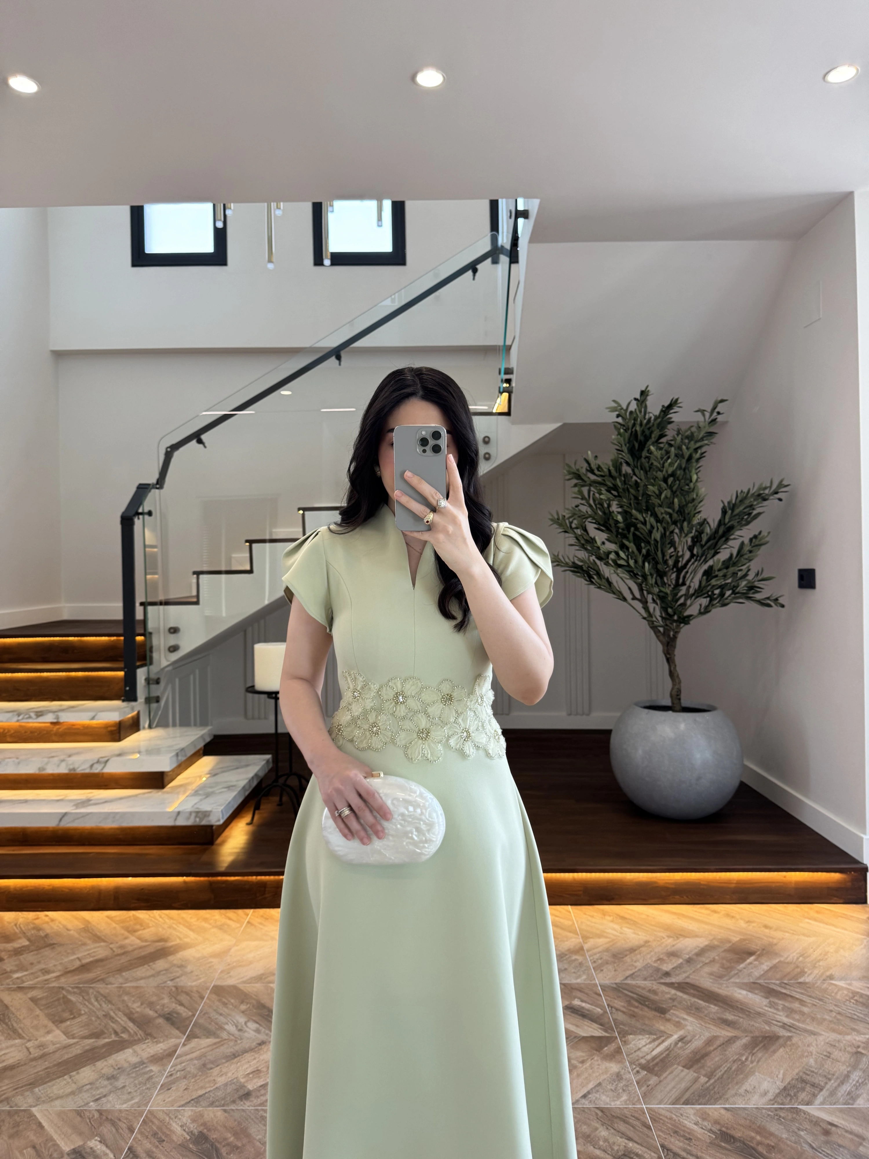 (ÖN SİPARİŞ )MİNT ÇİÇEK DESEN ELBİSE -3246