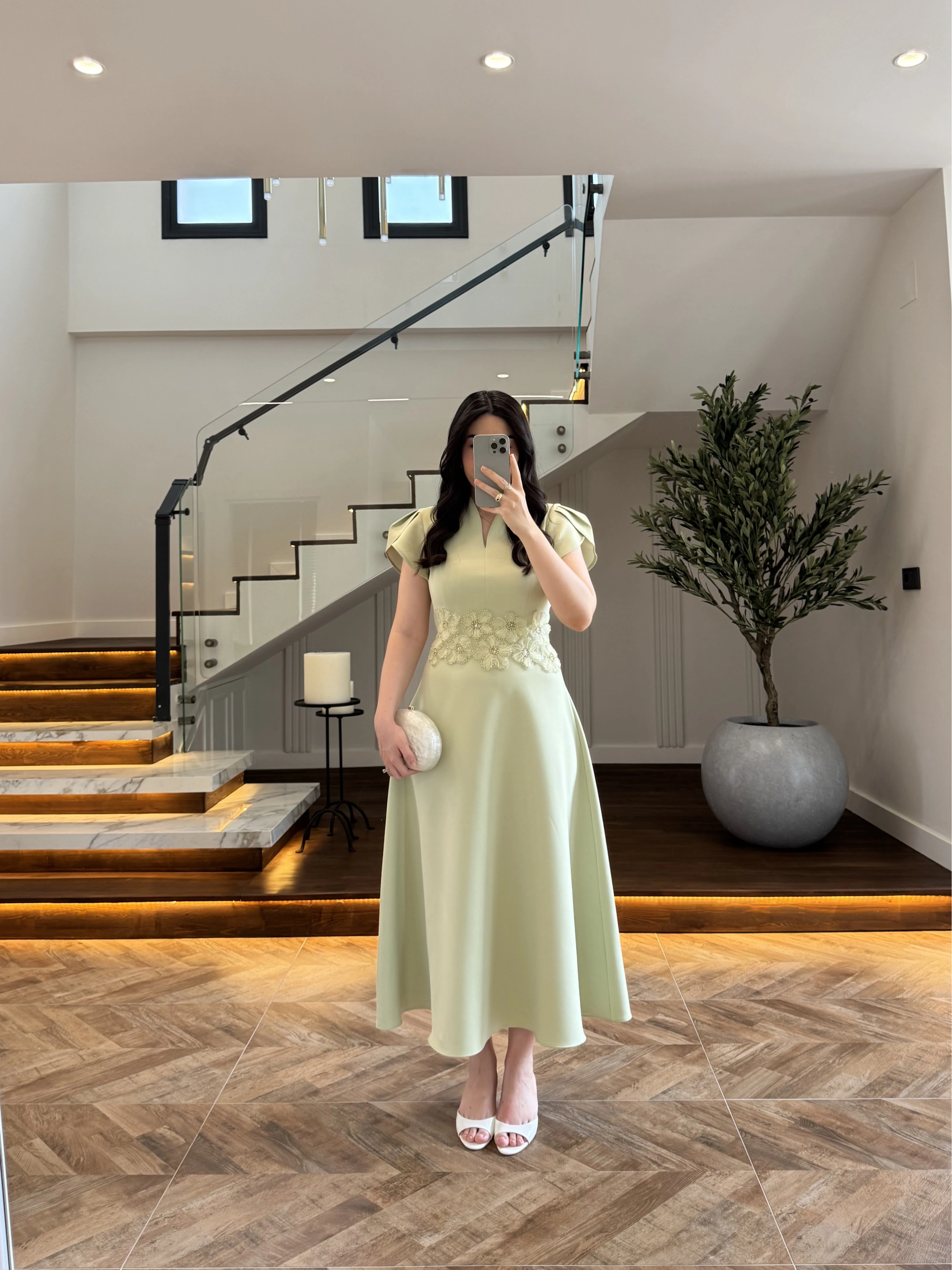 (ÖN SİPARİŞ )MİNT ÇİÇEK DESEN ELBİSE -3246