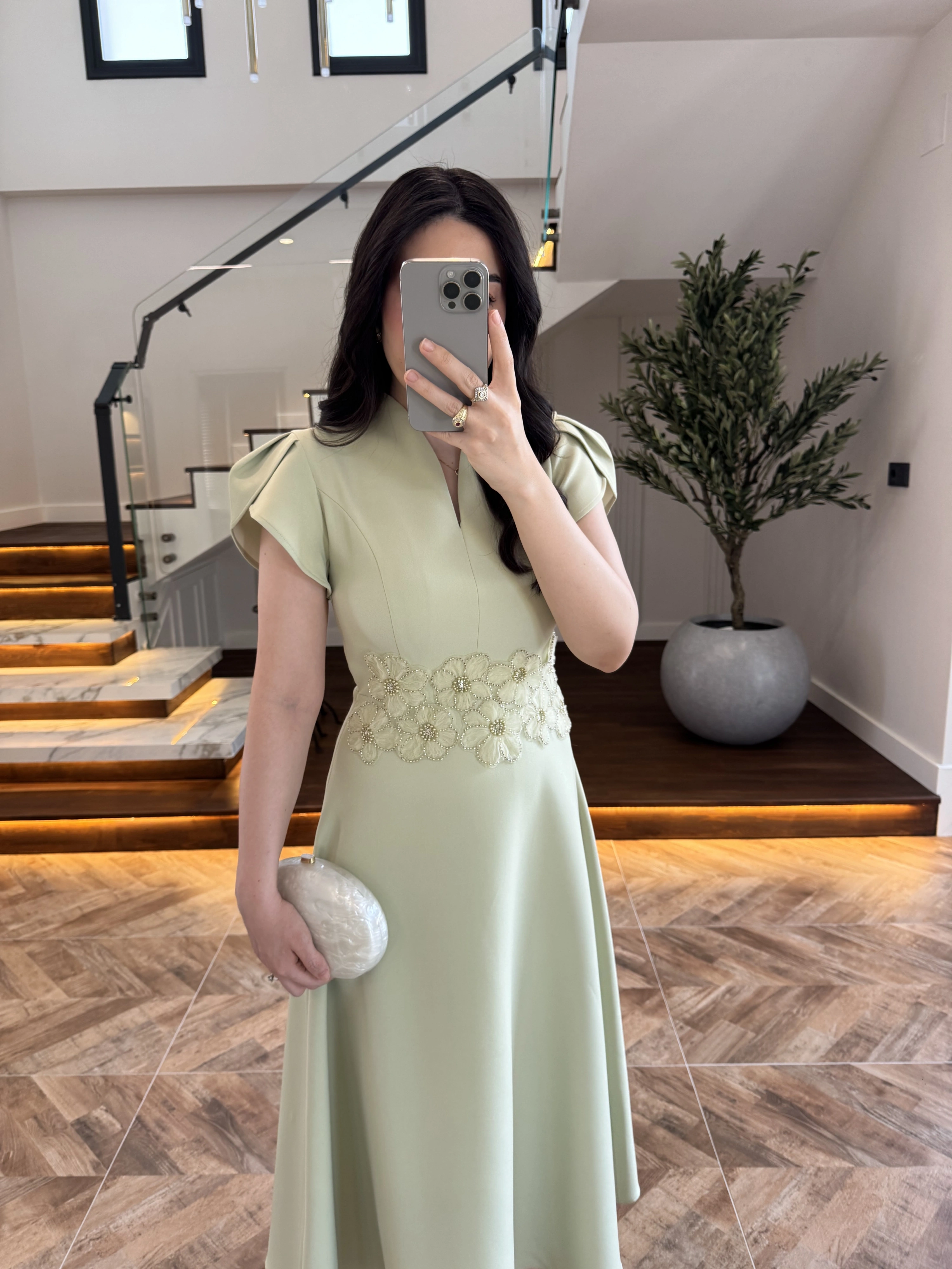 (ÖN SİPARİŞ )MİNT ÇİÇEK DESEN ELBİSE -3246