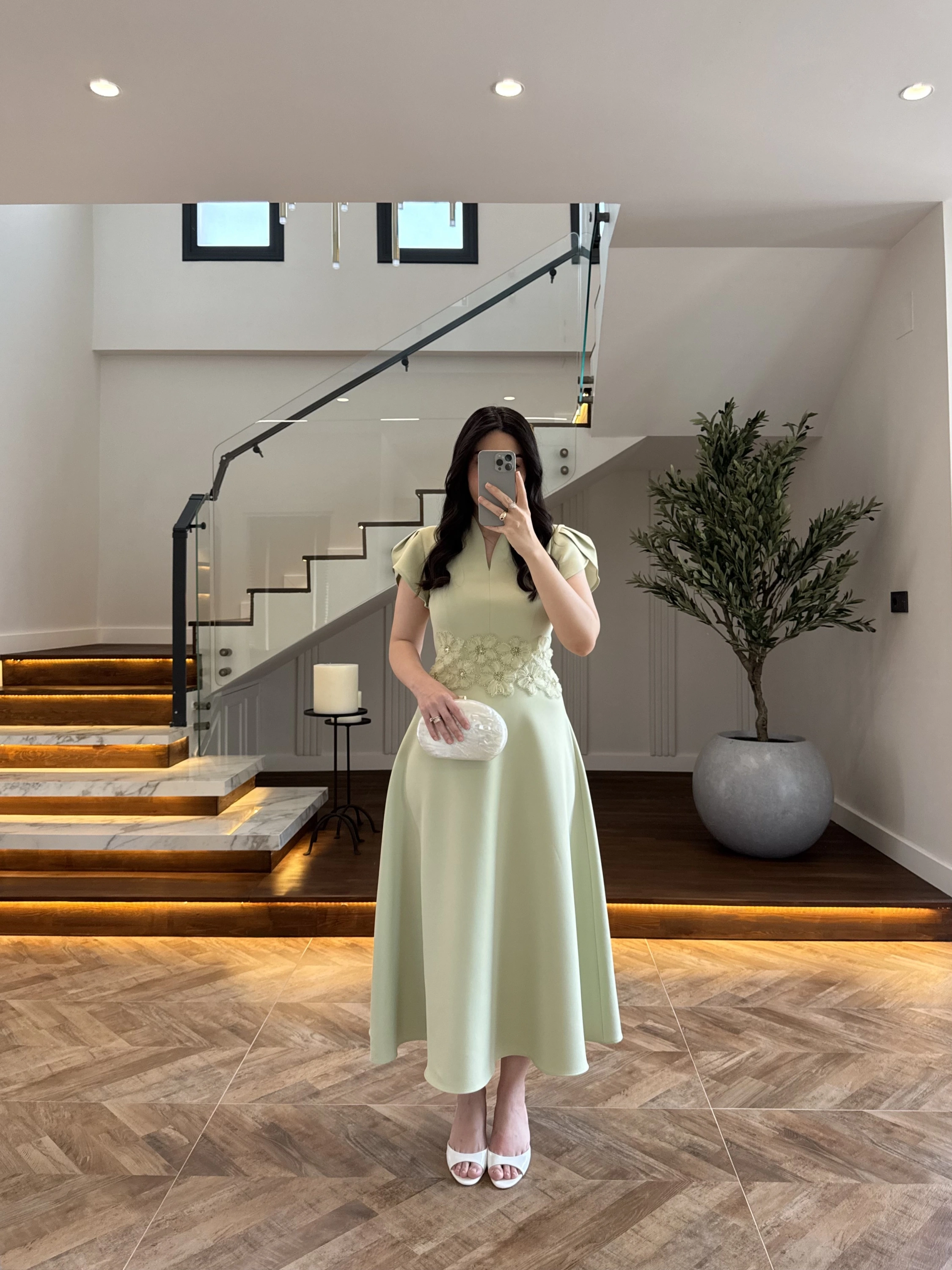 (ÖN SİPARİŞ )MİNT ÇİÇEK DESEN ELBİSE -3246