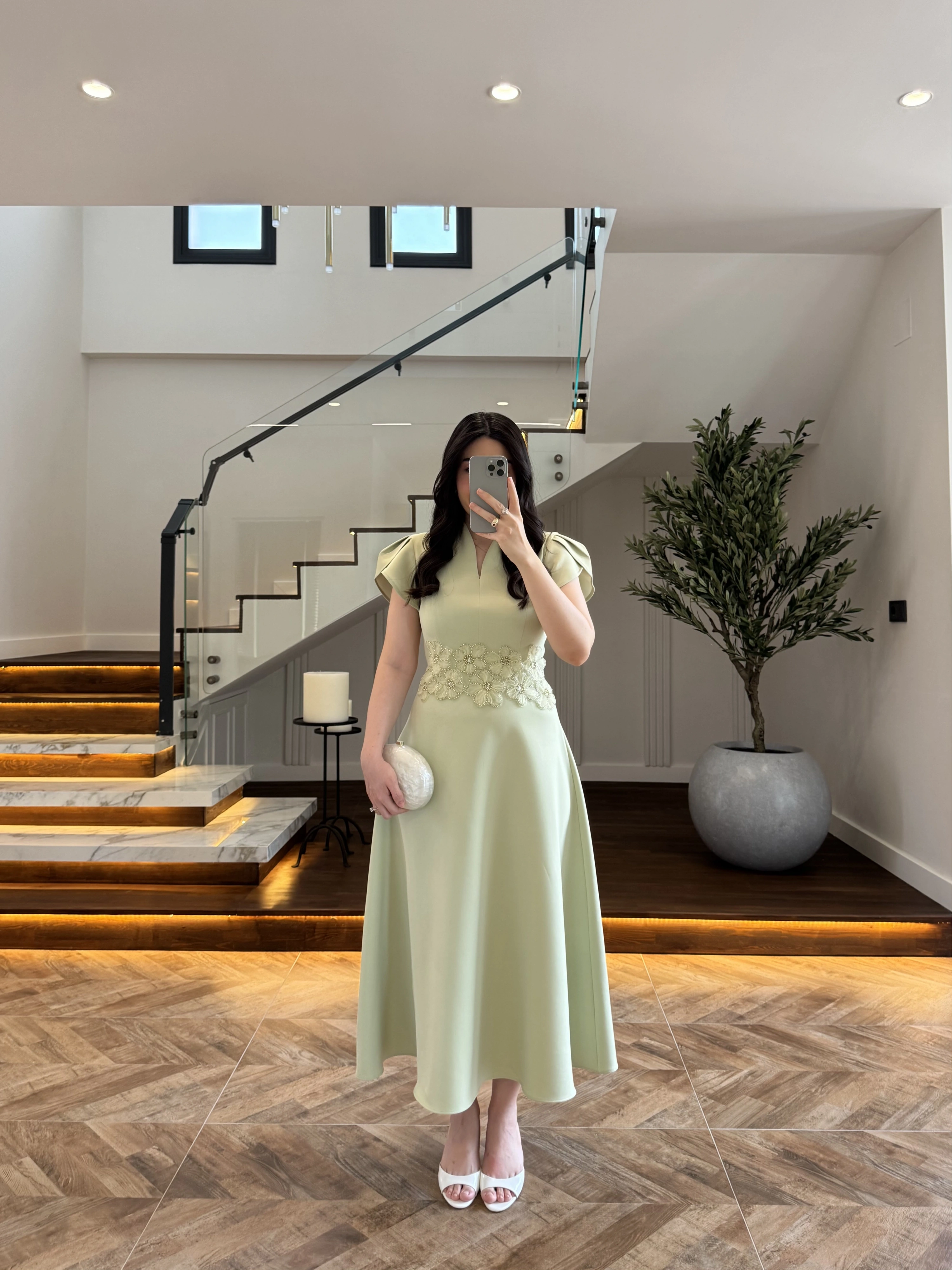 (ÖN SİPARİŞ )MİNT ÇİÇEK DESEN ELBİSE -3246