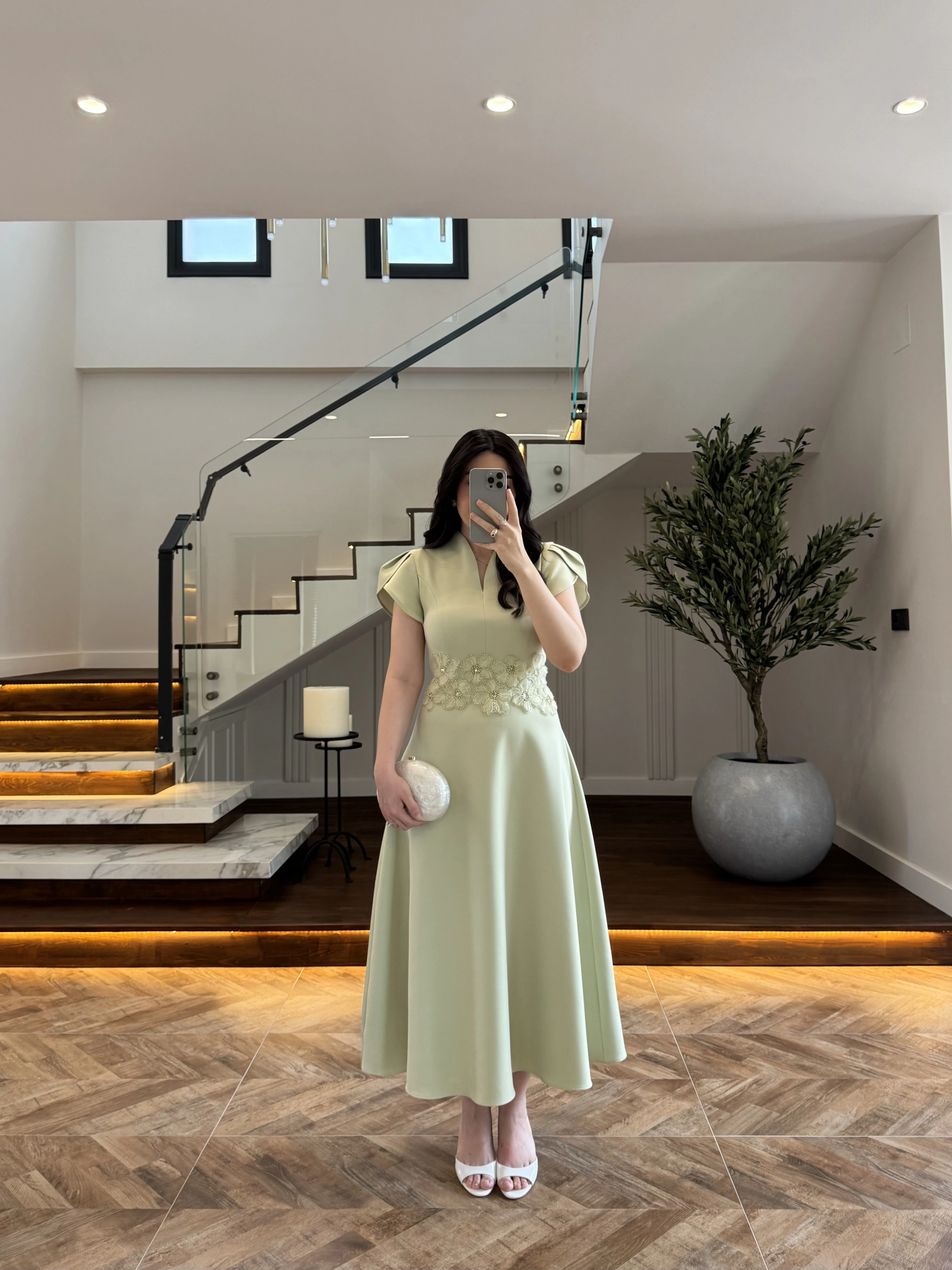 (ÖN SİPARİŞ )MİNT ÇİÇEK DESEN ELBİSE -3246