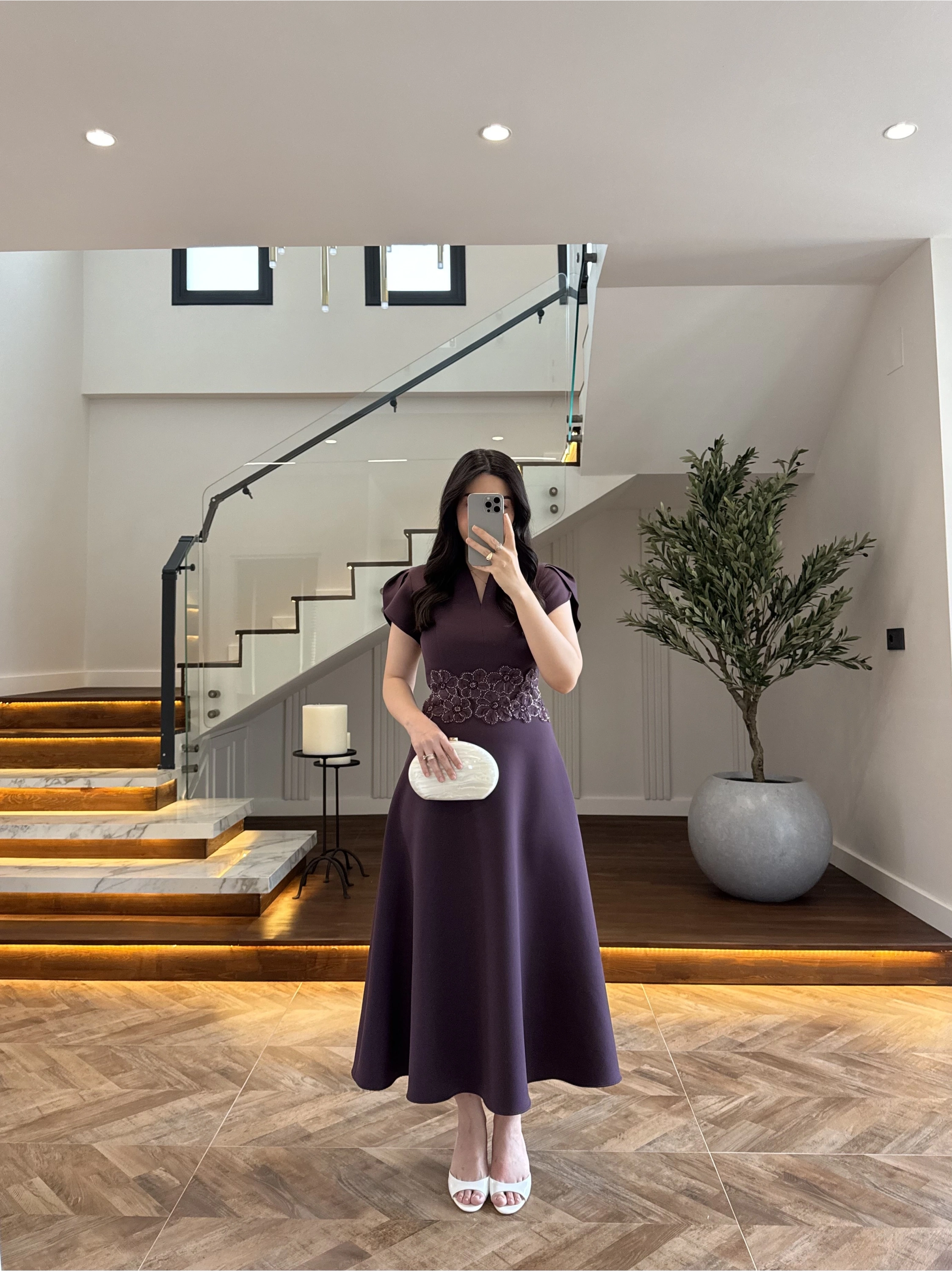 ( ÖN SİPARİŞ )MÜRDÜM ÇİÇEK DESEN ELBİSE -3246