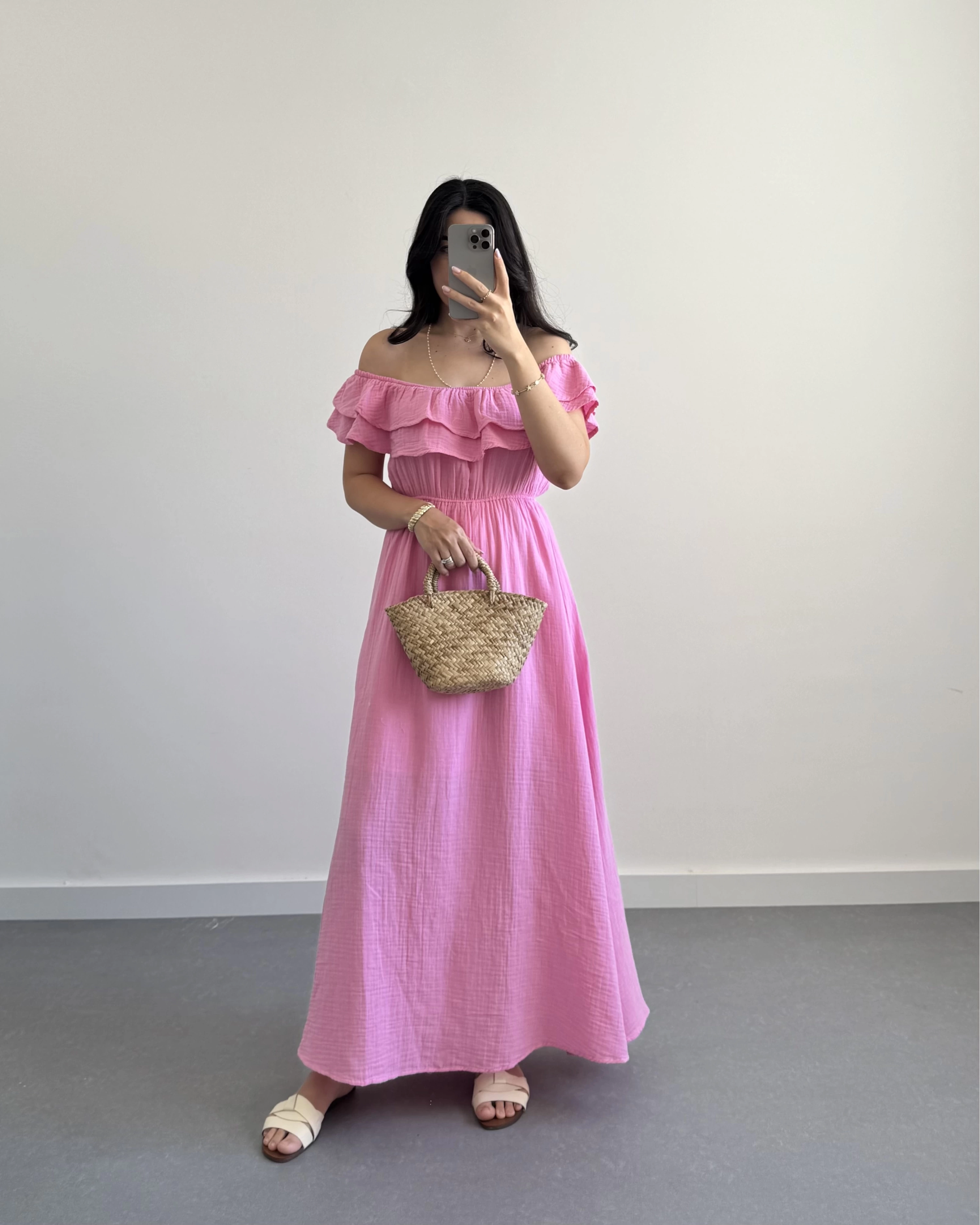 MÜSLİN MADONNA YAKA ELBİSE PEMBE