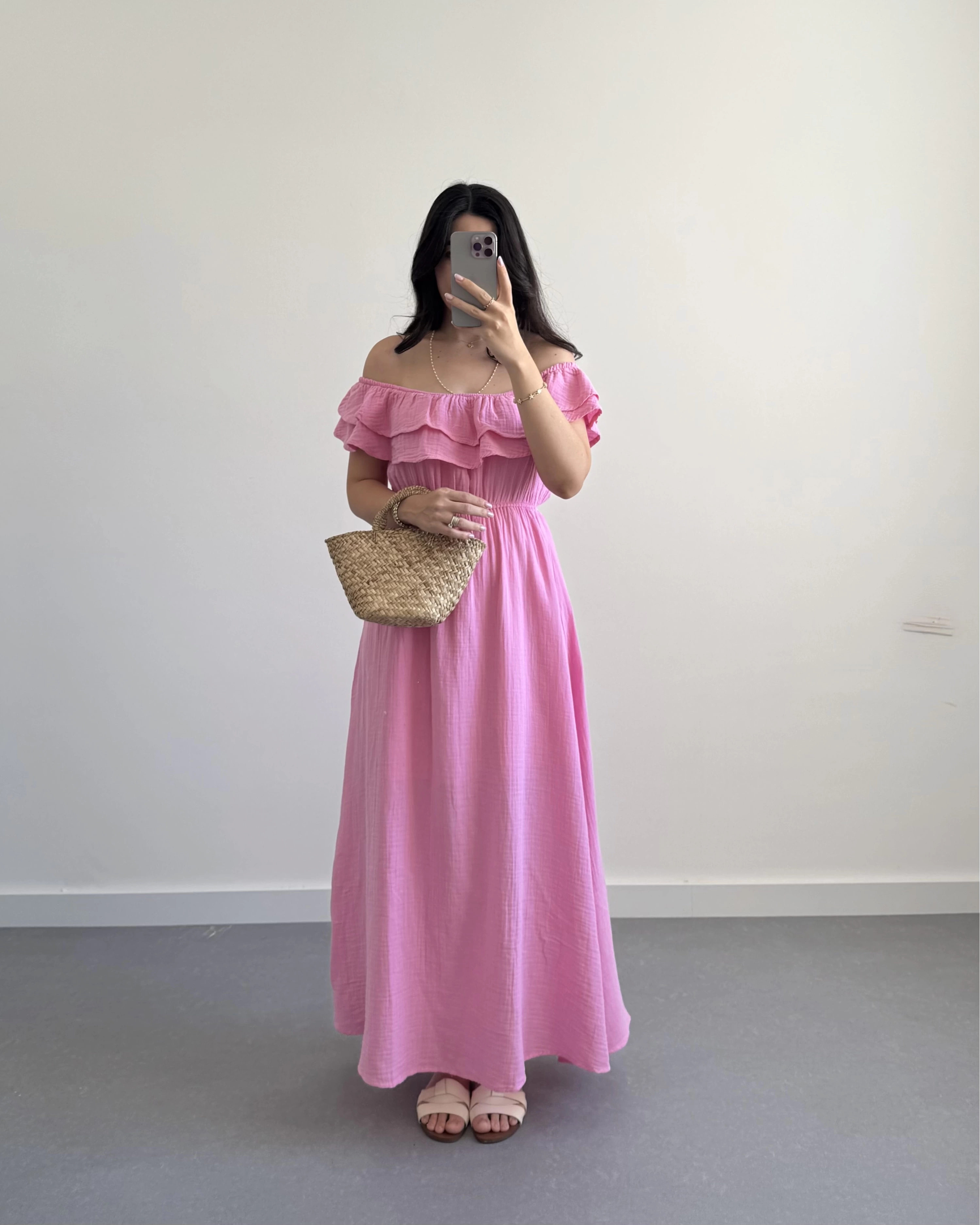 MÜSLİN MADONNA YAKA ELBİSE PEMBE