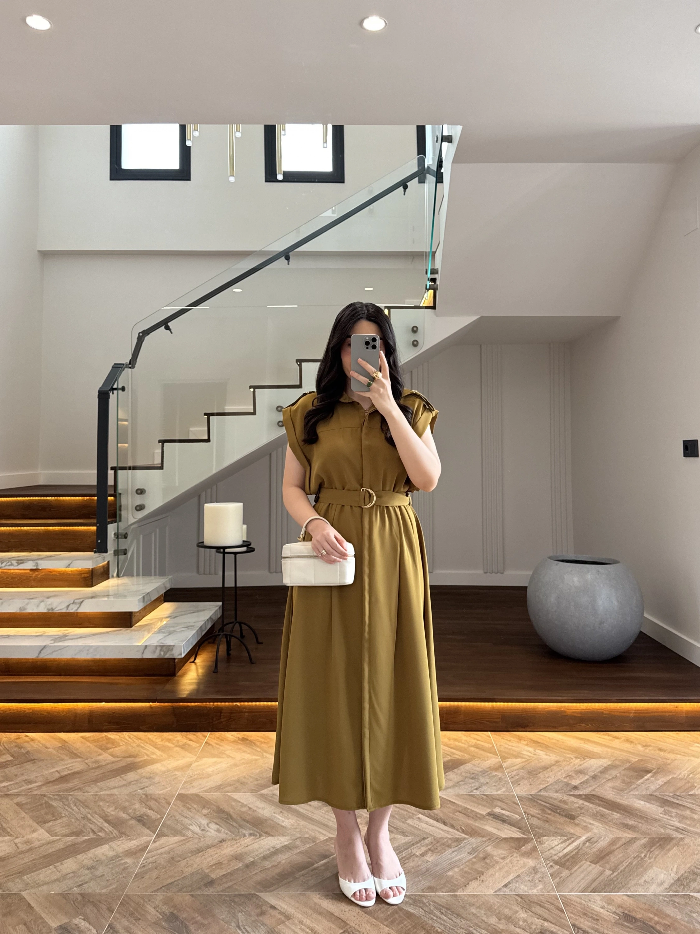 OLİVE DÜĞMELİ TOKA DETAY ELBİSE -3925