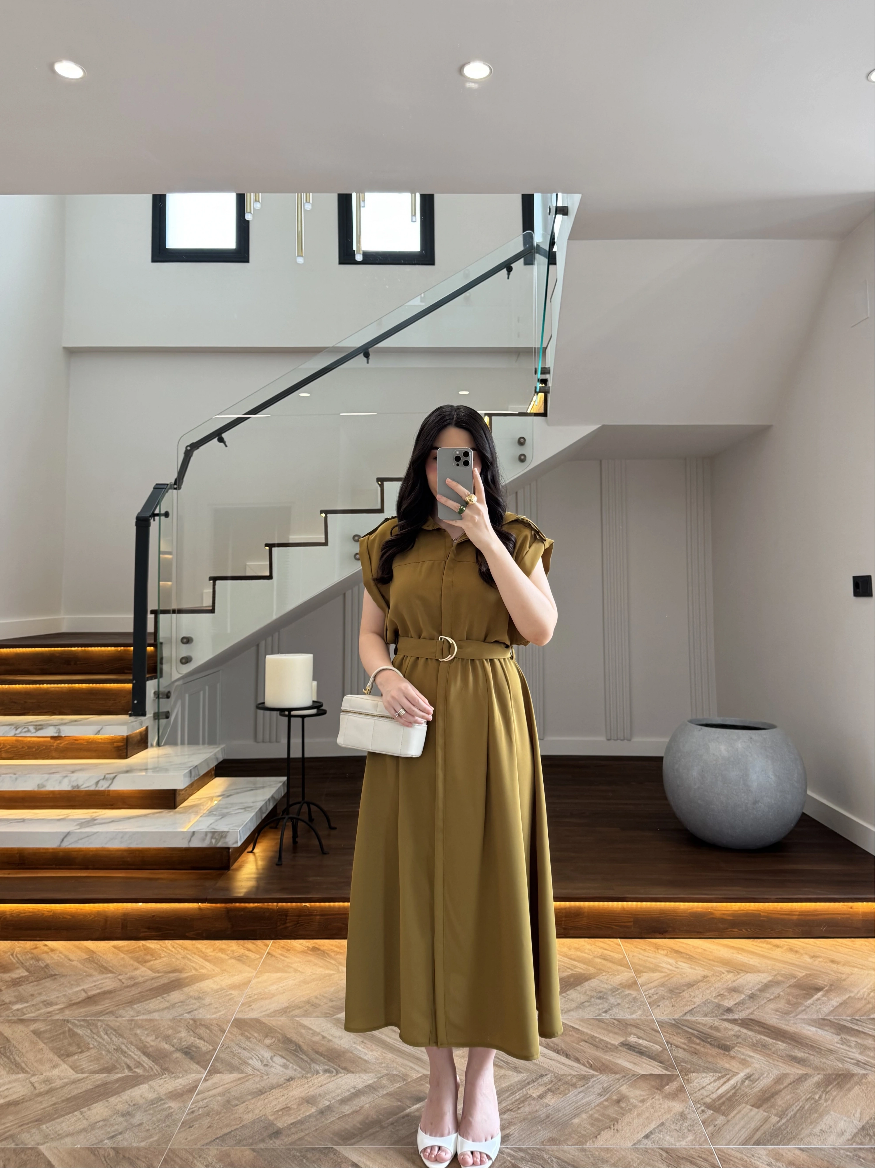 OLİVE DÜĞMELİ TOKA DETAY ELBİSE -3925