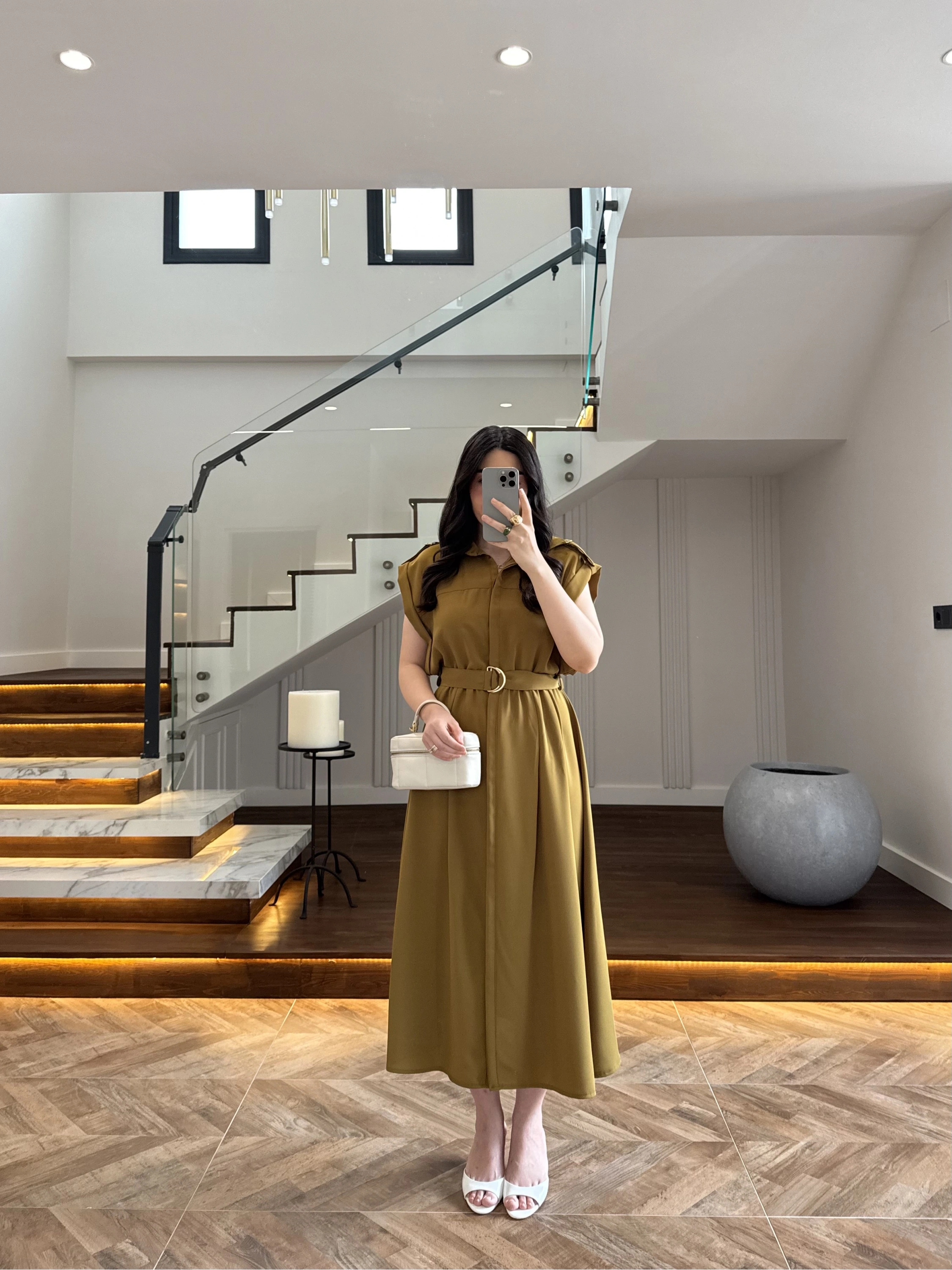 OLİVE DÜĞMELİ TOKA DETAY ELBİSE -3925