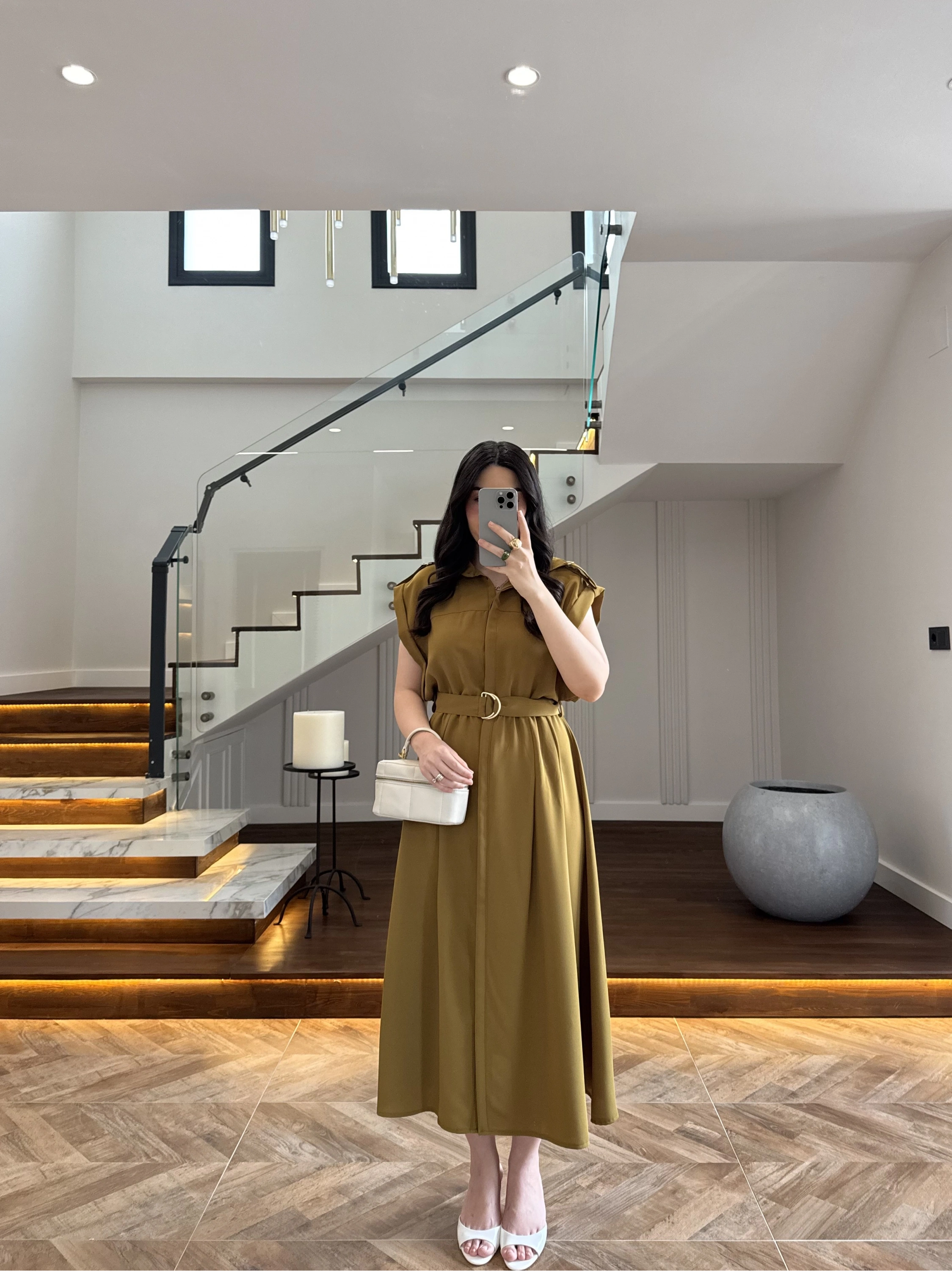 OLİVE DÜĞMELİ TOKA DETAY ELBİSE -3925