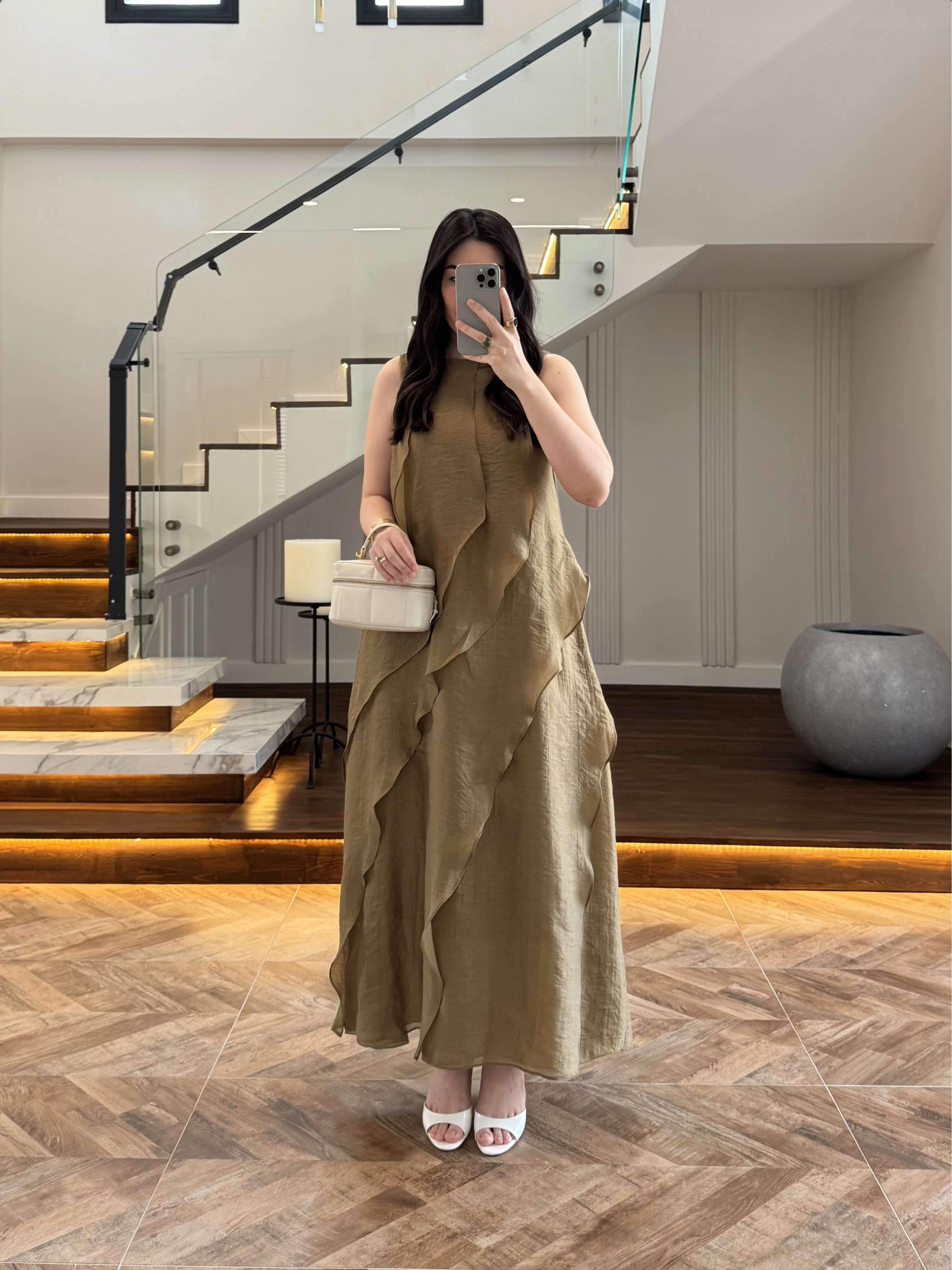 OLİVE FIRFIRLI UZUN ELBİSE-3450