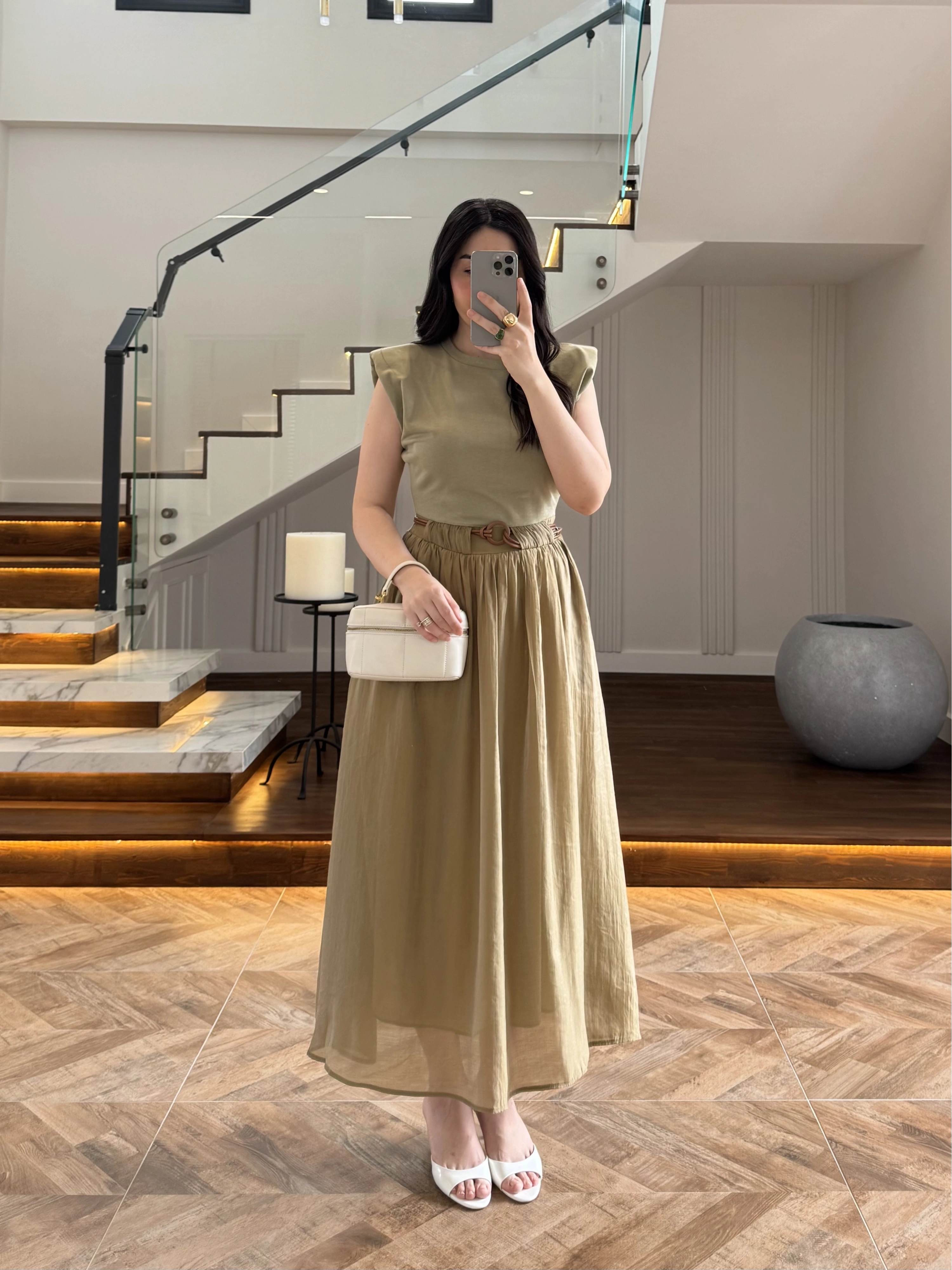 OLİVE GARNİLİ VATKALI ELBİSE -0103