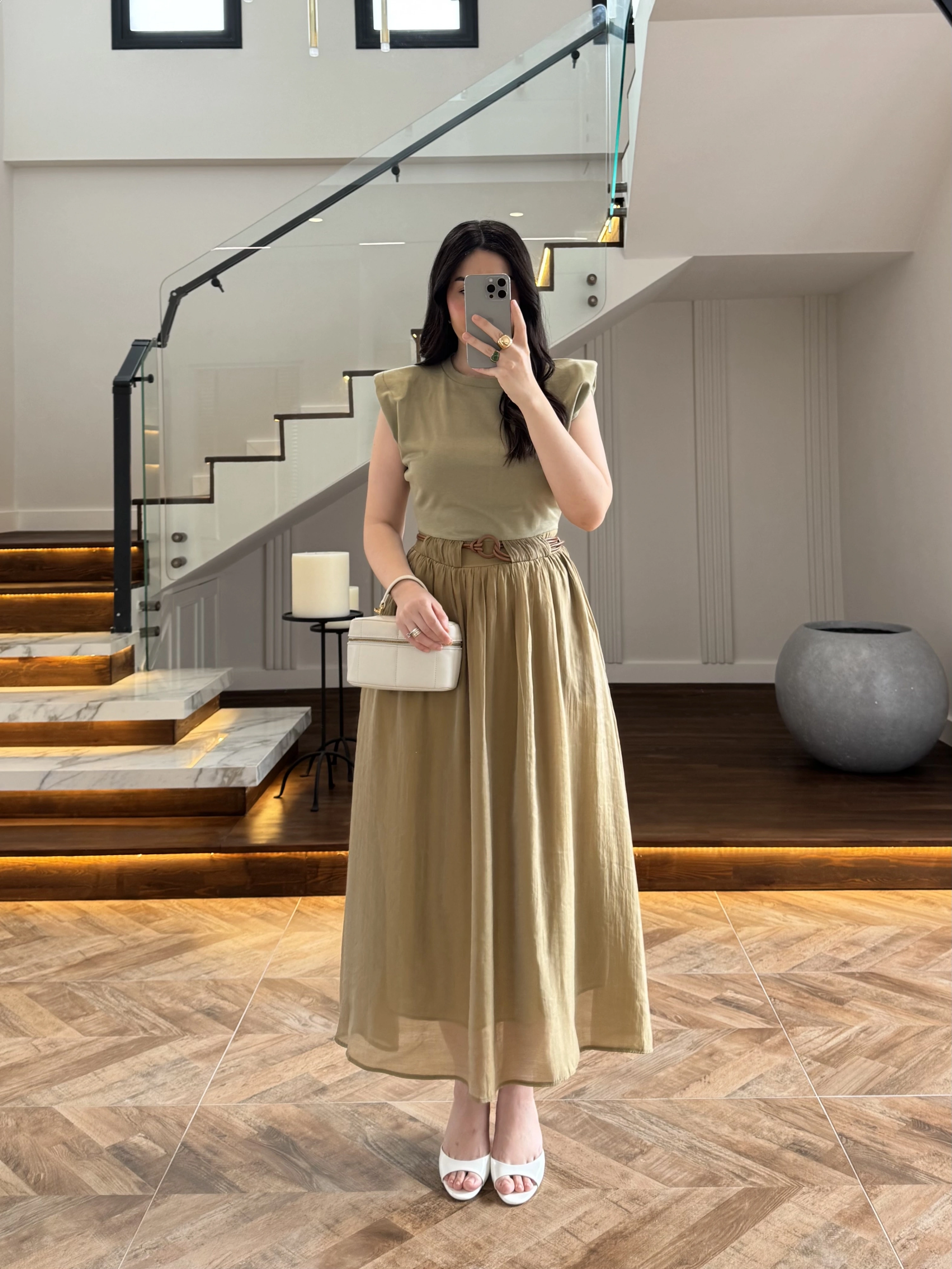 OLİVE GARNİLİ VATKALI ELBİSE -0103