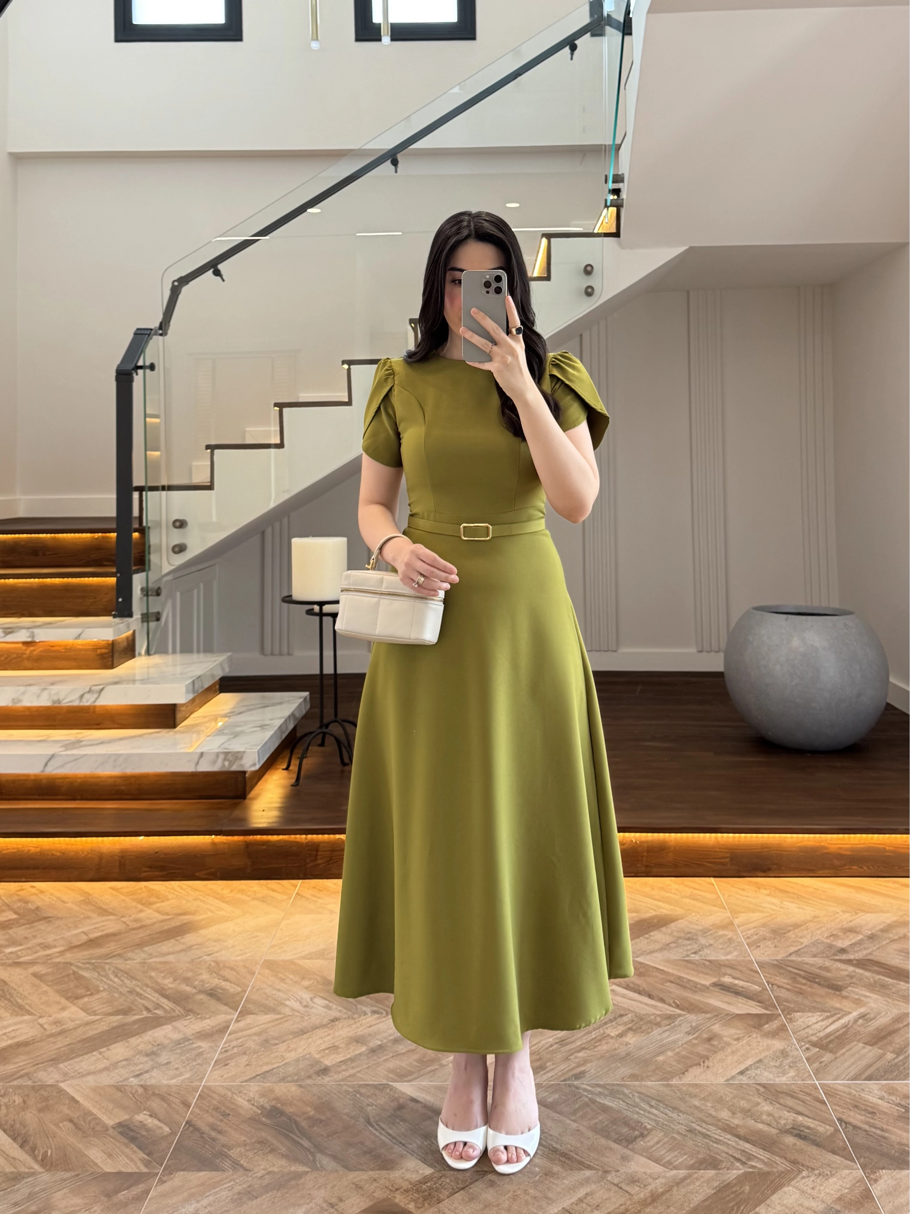 YEŞİL KEMERLİ ELBİSE -4064