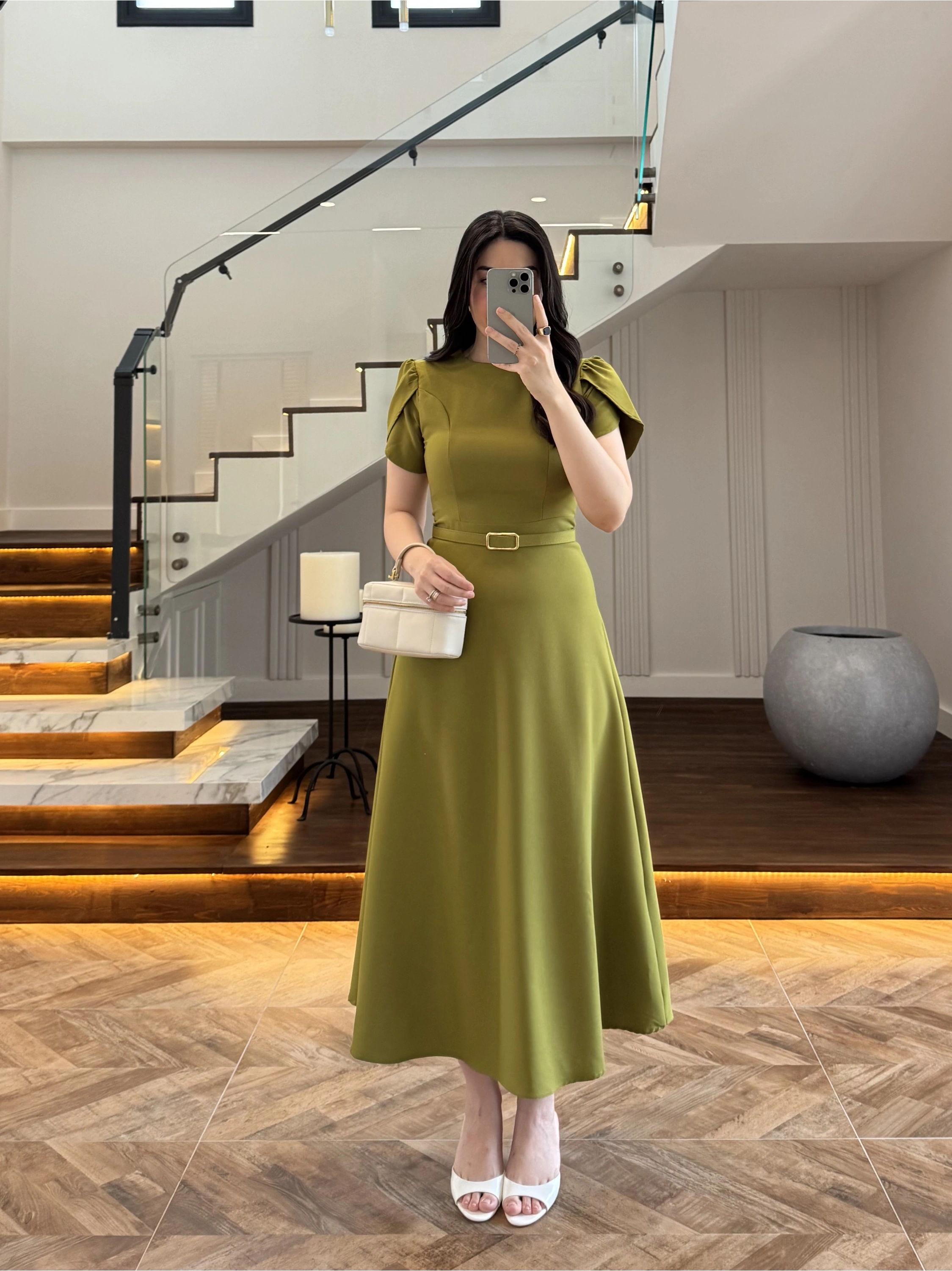 YEŞİL KEMERLİ ELBİSE -4064