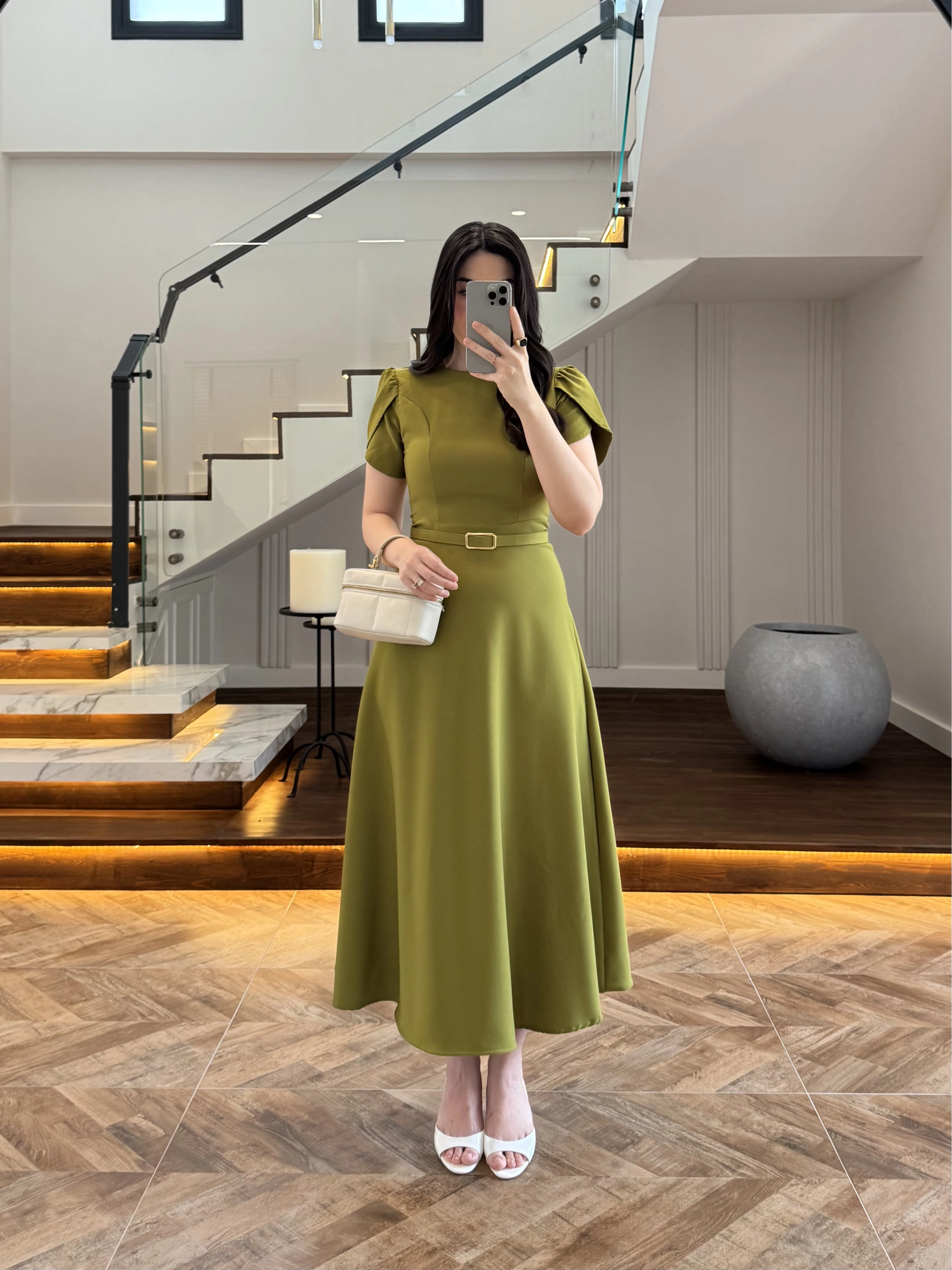 YEŞİL KEMERLİ ELBİSE -4064