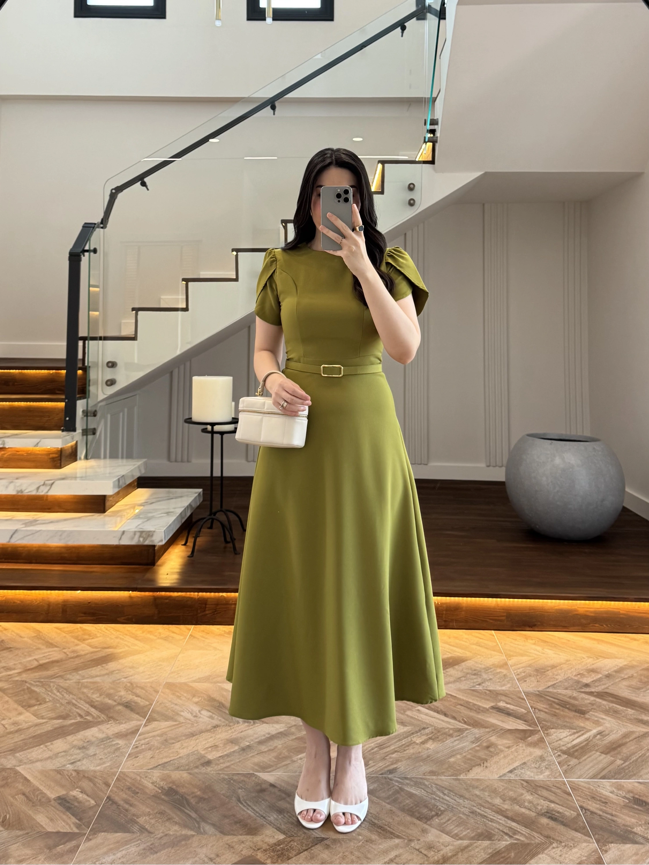 YEŞİL KEMERLİ ELBİSE -4064