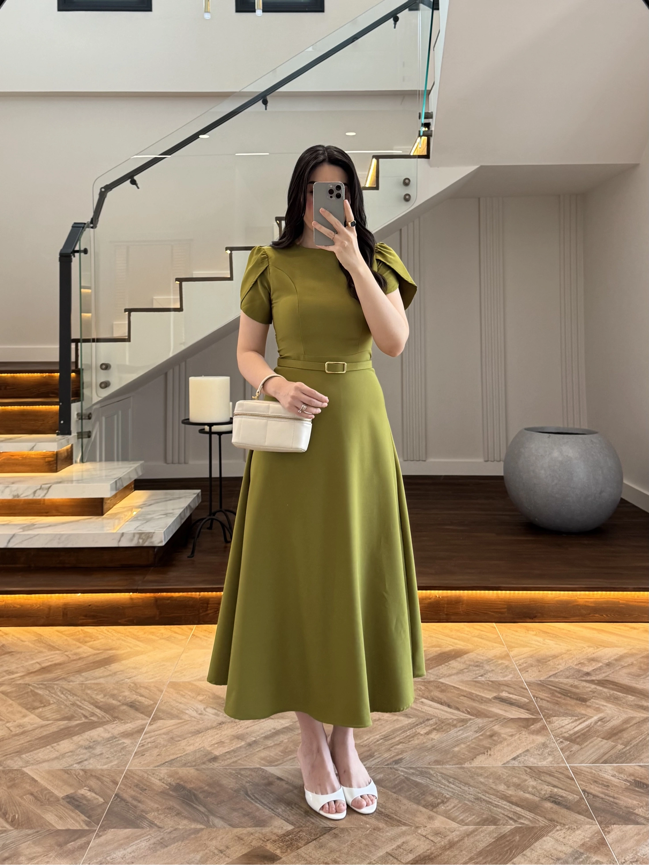 YEŞİL KEMERLİ ELBİSE -4064