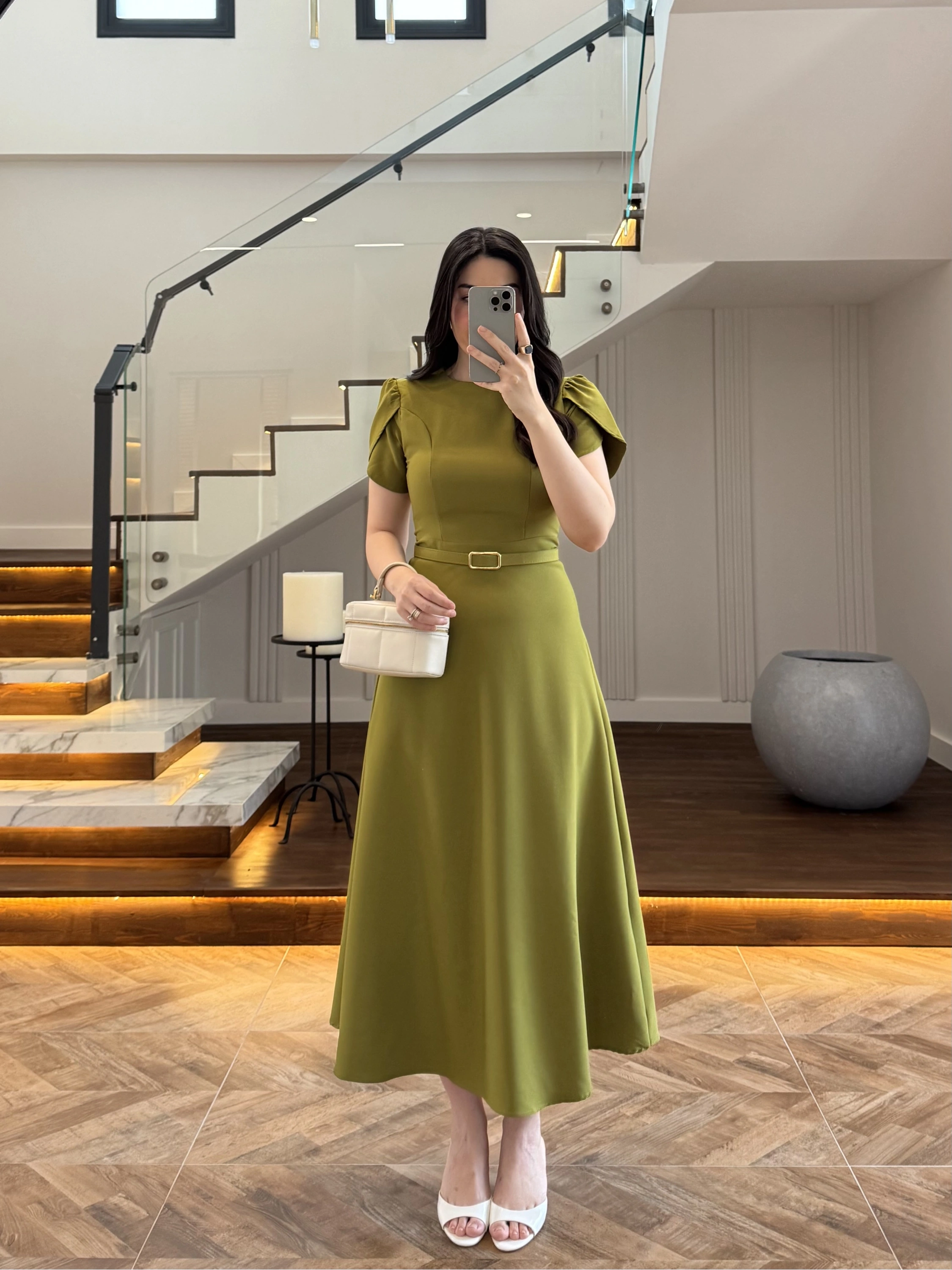 YEŞİL KEMERLİ ELBİSE -4064
