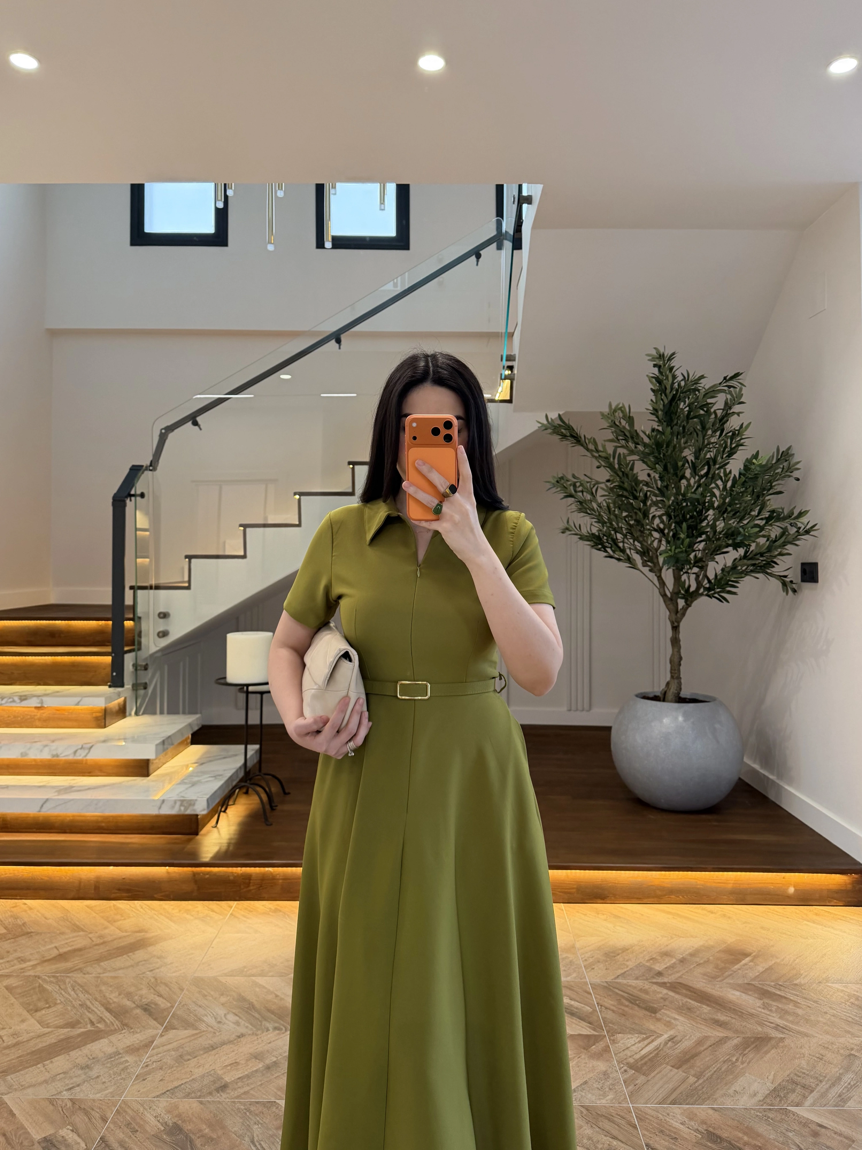 OLİVE ÖNDEN FERMUARLI KEMERLİ ELBİSE-4006
