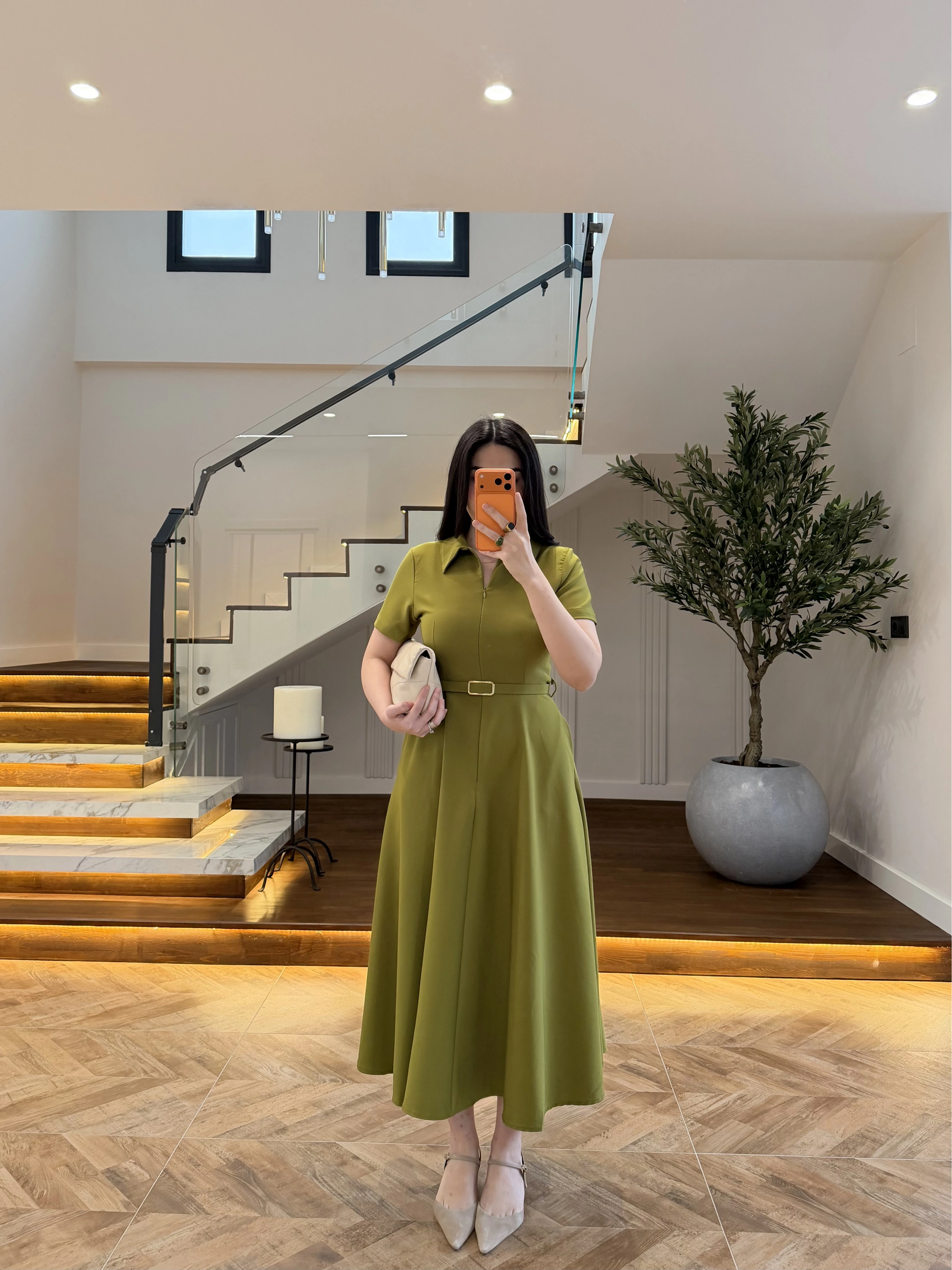 OLİVE ÖNDEN FERMUARLI KEMERLİ ELBİSE-4006