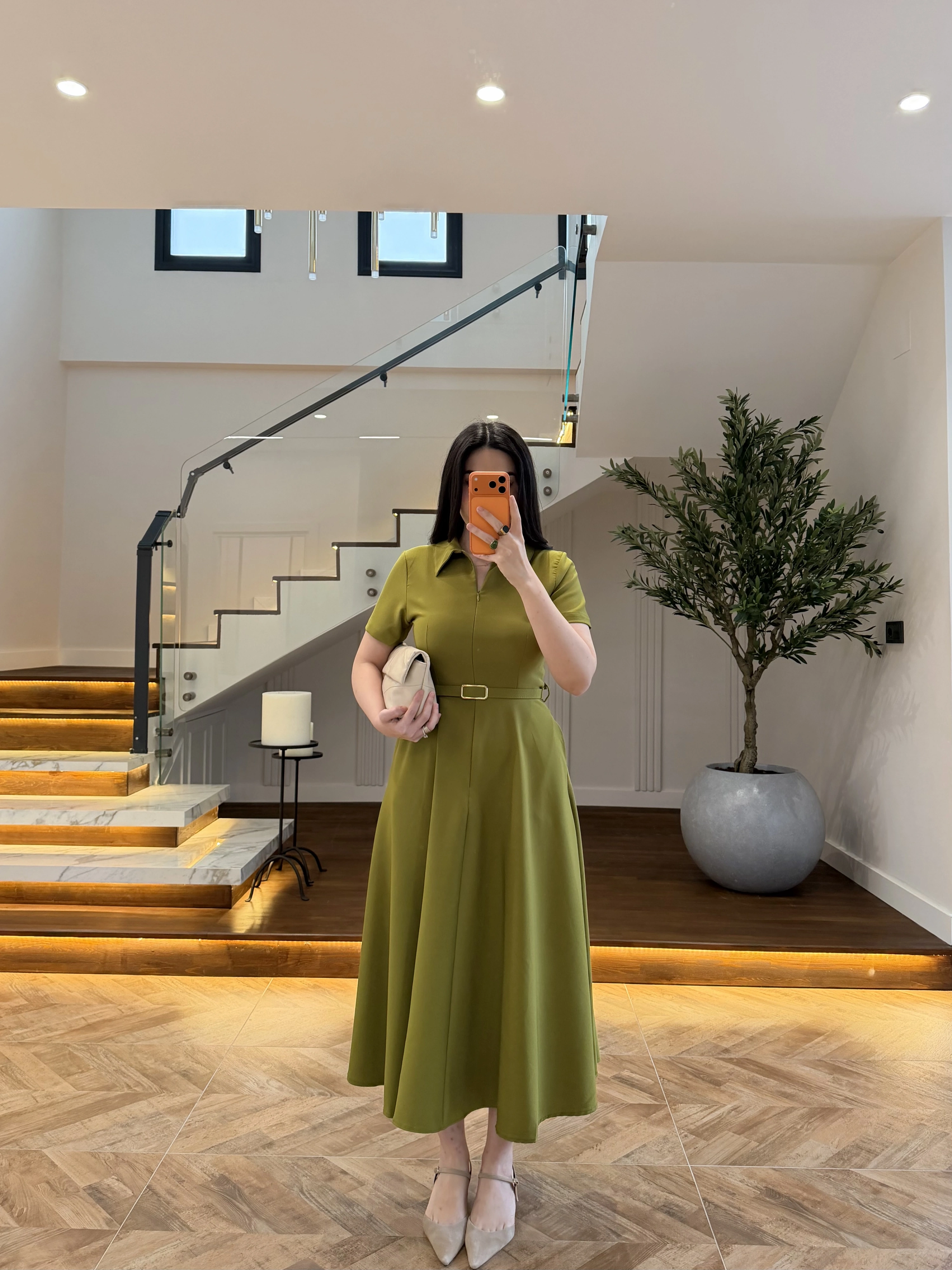 OLİVE ÖNDEN FERMUARLI KEMERLİ ELBİSE-4006