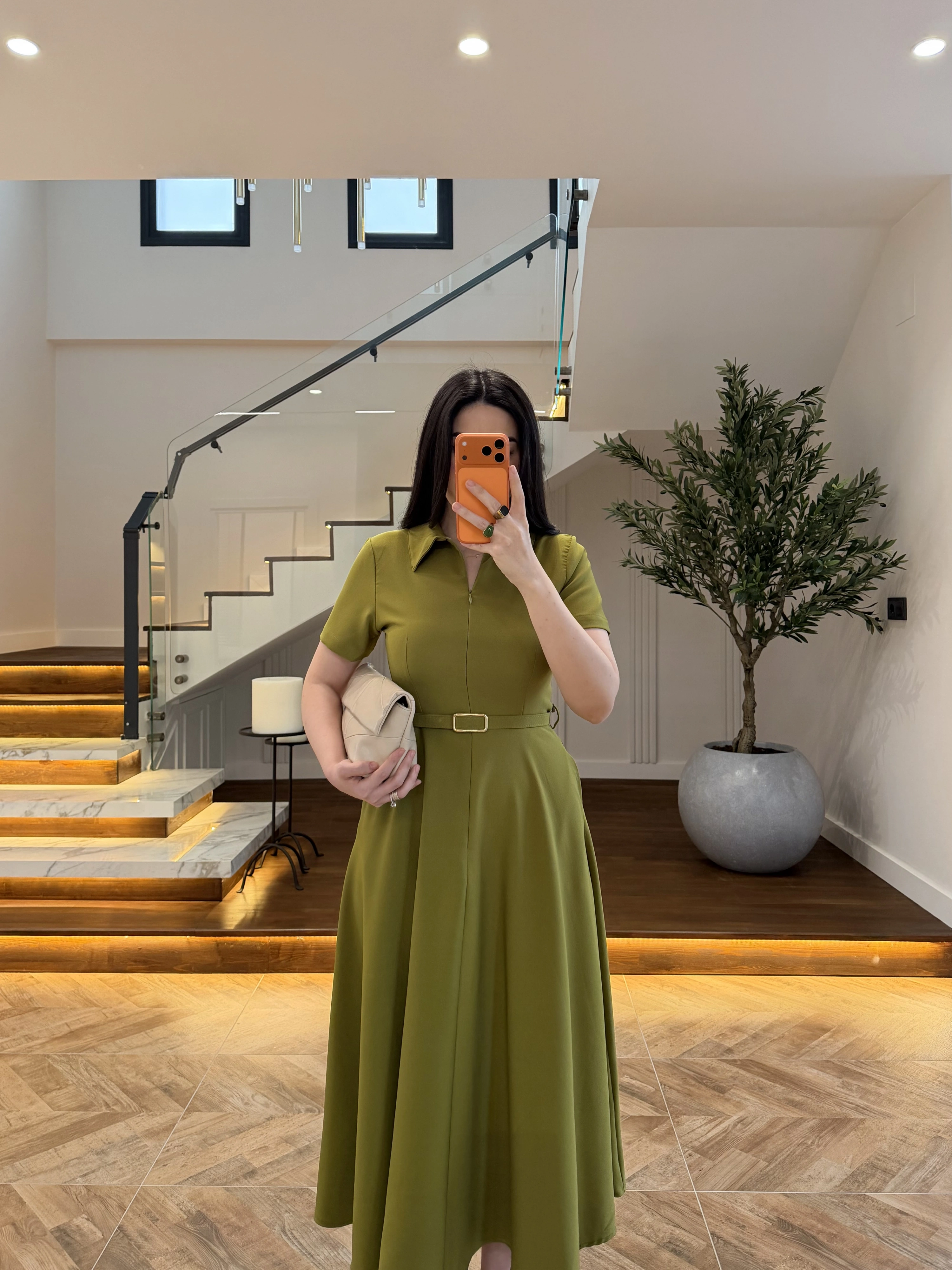 OLİVE ÖNDEN FERMUARLI KEMERLİ ELBİSE-4006