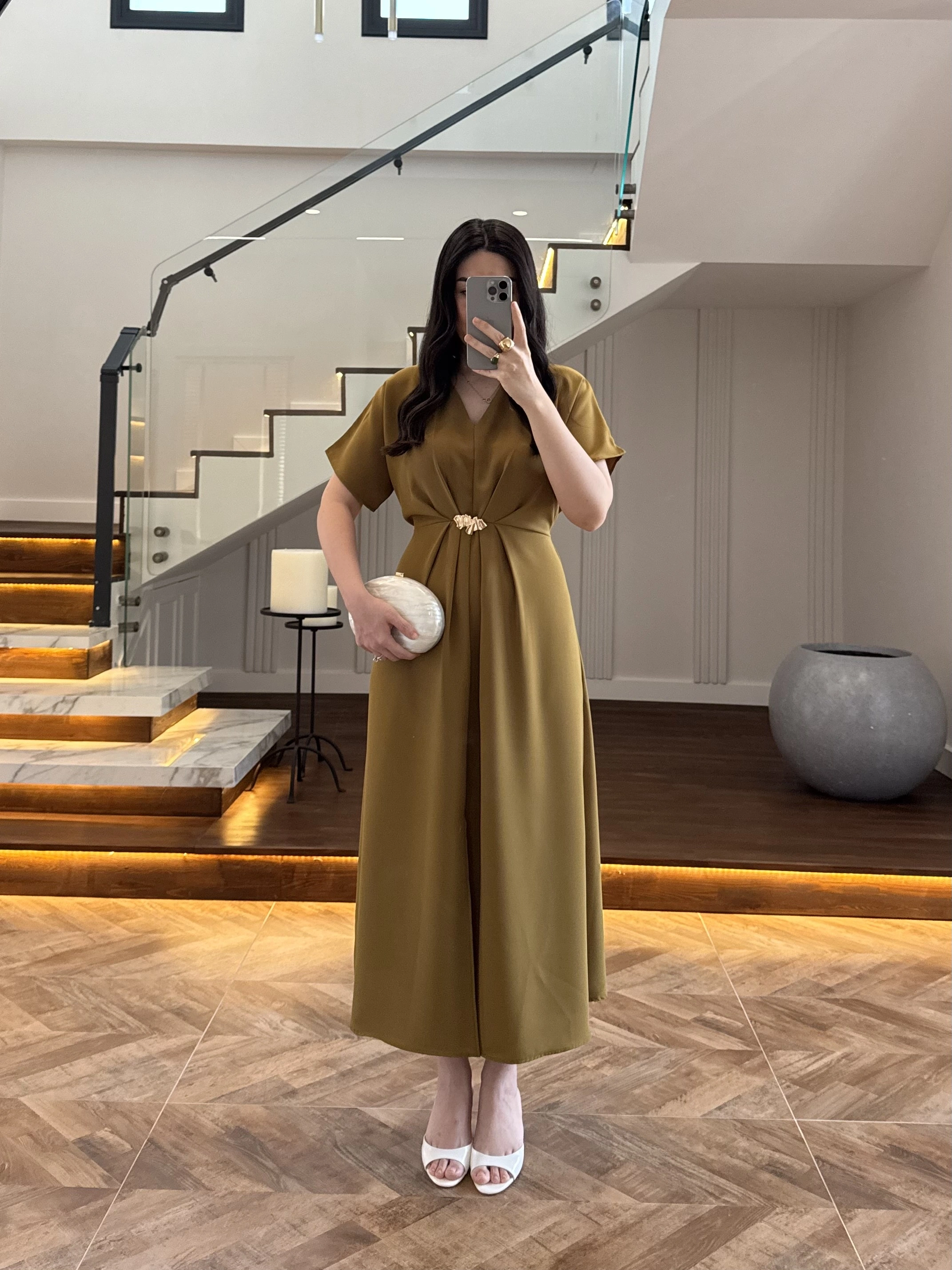 (ÖN SİPARİŞ )OLİVE TOKA DETAY BEL BAĞLAMALI ELBİSE- 4021