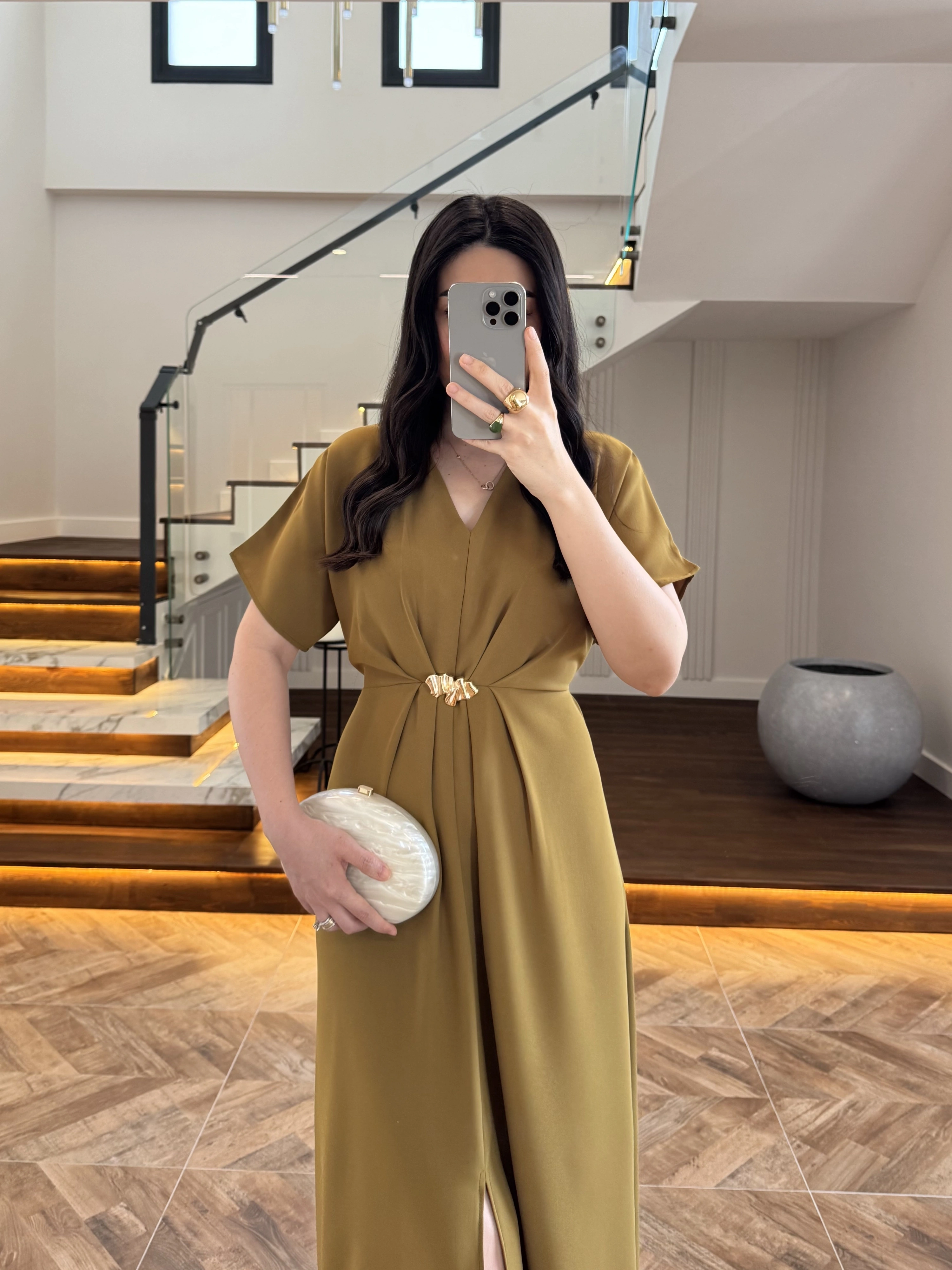 (ÖN SİPARİŞ )OLİVE TOKA DETAY BEL BAĞLAMALI ELBİSE- 4021