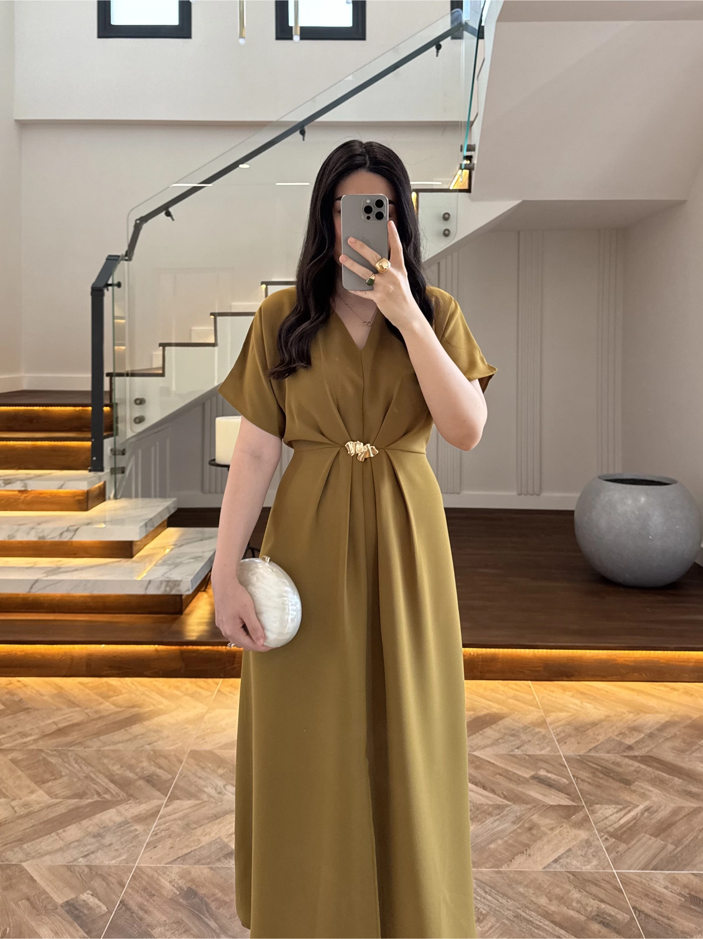 (ÖN SİPARİŞ )OLİVE TOKA DETAY BEL BAĞLAMALI ELBİSE- 4021