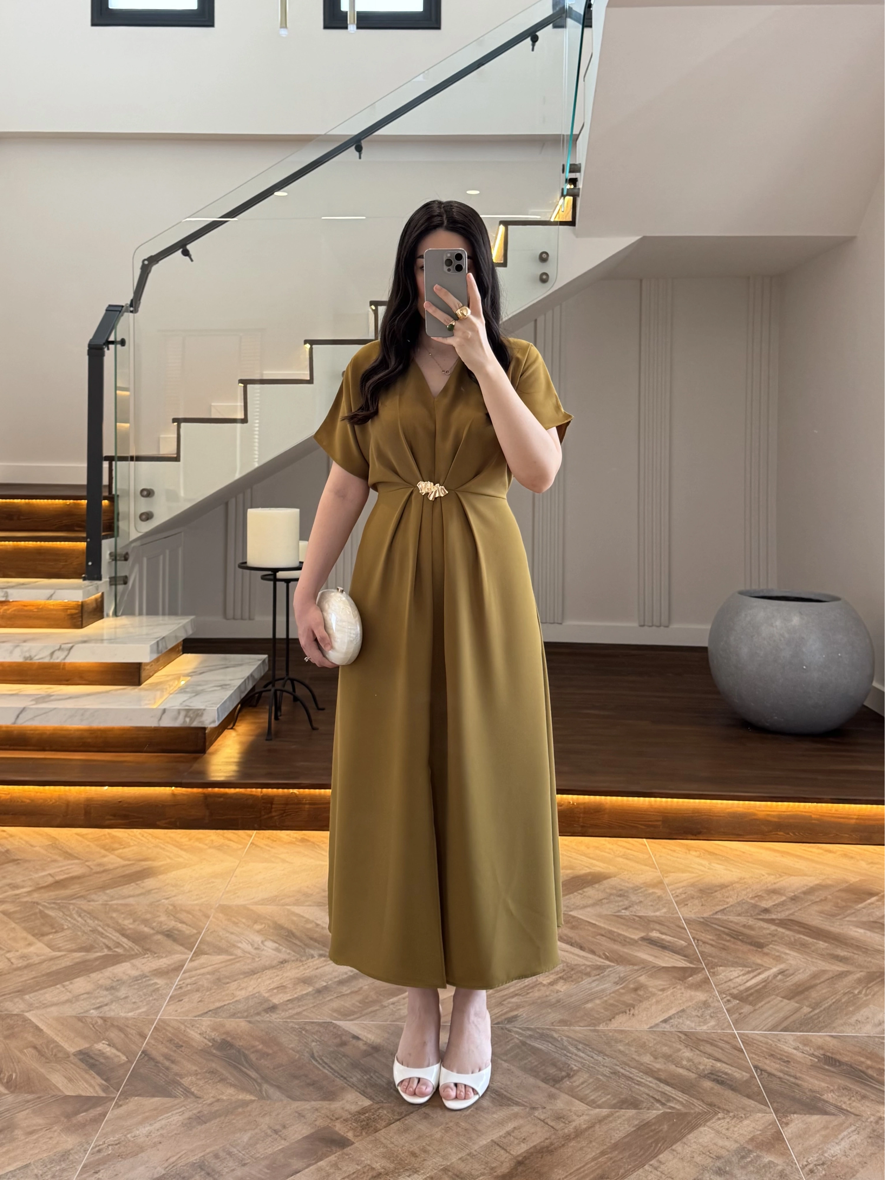 (ÖN SİPARİŞ )OLİVE TOKA DETAY BEL BAĞLAMALI ELBİSE- 4021