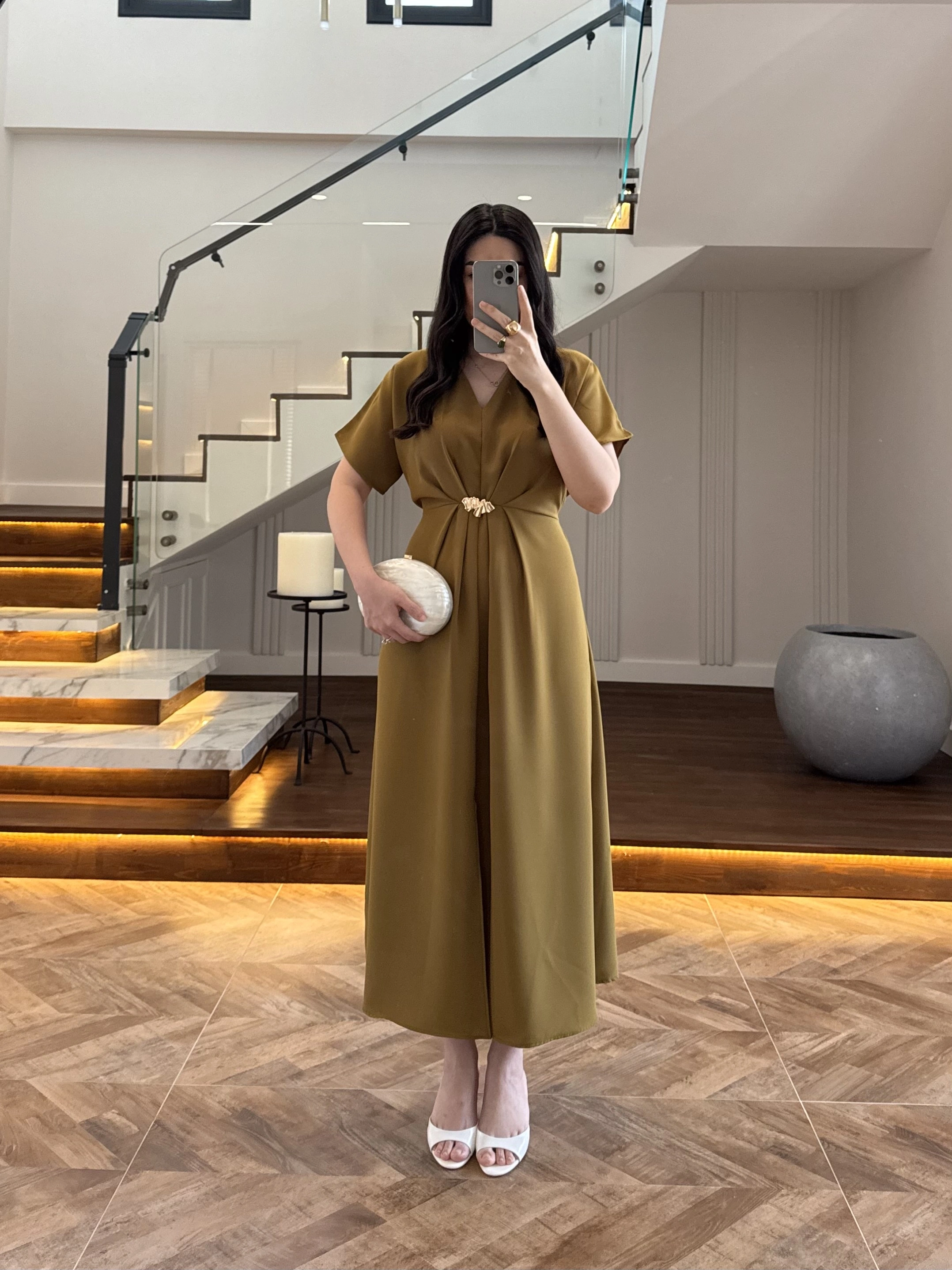 (ÖN SİPARİŞ )OLİVE TOKA DETAY BEL BAĞLAMALI ELBİSE- 4021