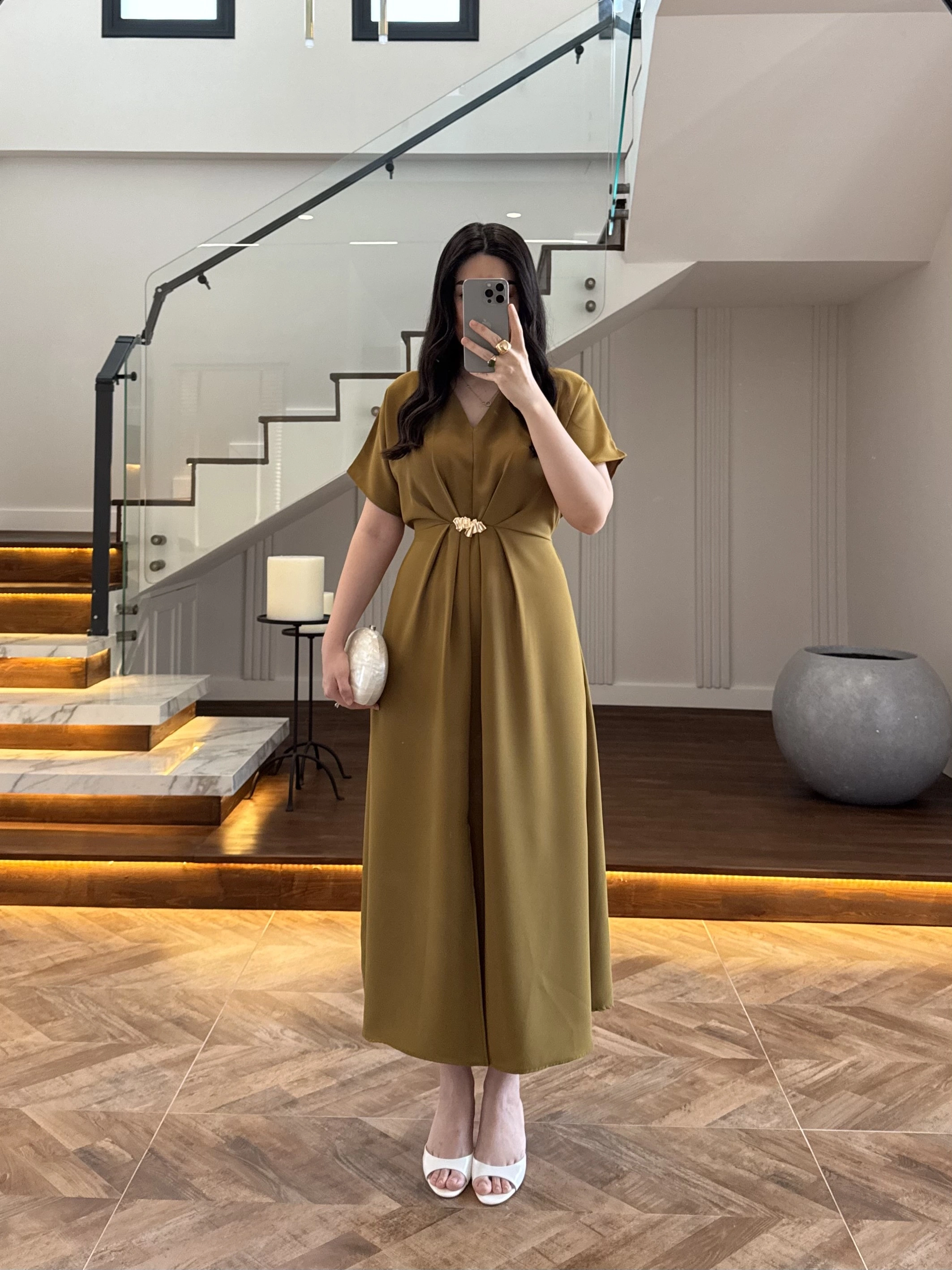 (ÖN SİPARİŞ )OLİVE TOKA DETAY BEL BAĞLAMALI ELBİSE- 4021