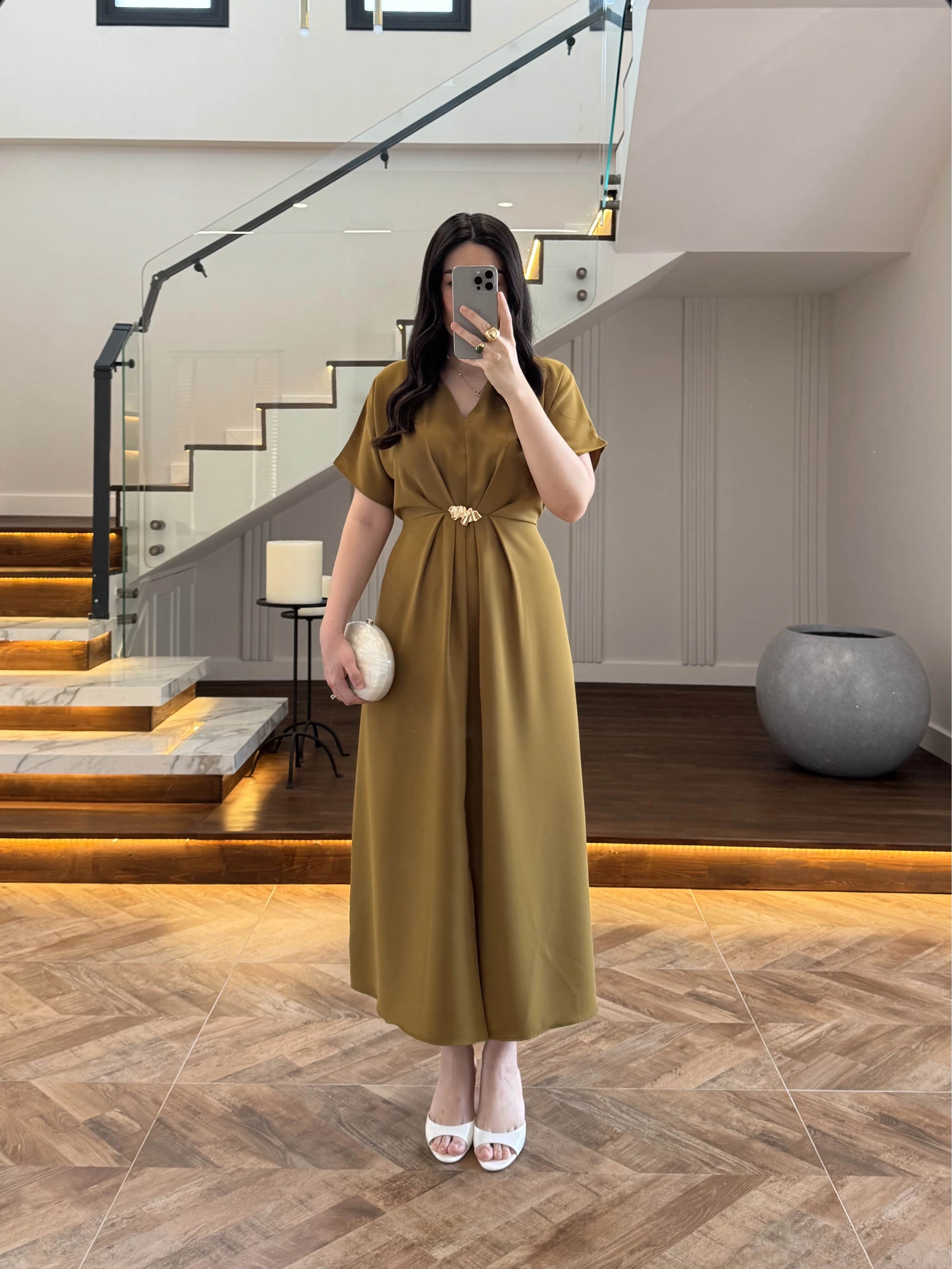 (ÖN SİPARİŞ )OLİVE TOKA DETAY BEL BAĞLAMALI ELBİSE- 4021
