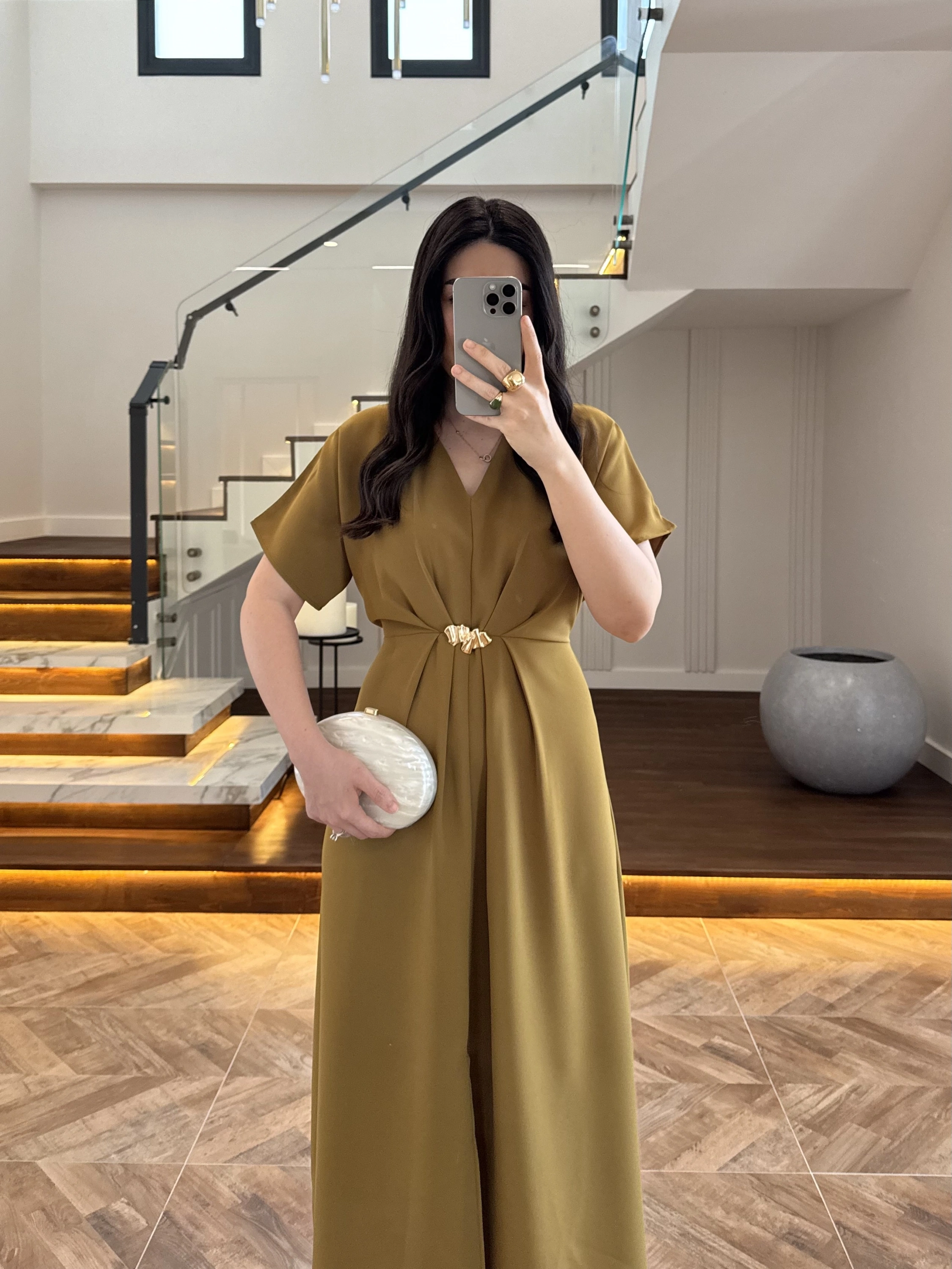 (ÖN SİPARİŞ )OLİVE TOKA DETAY BEL BAĞLAMALI ELBİSE- 4021