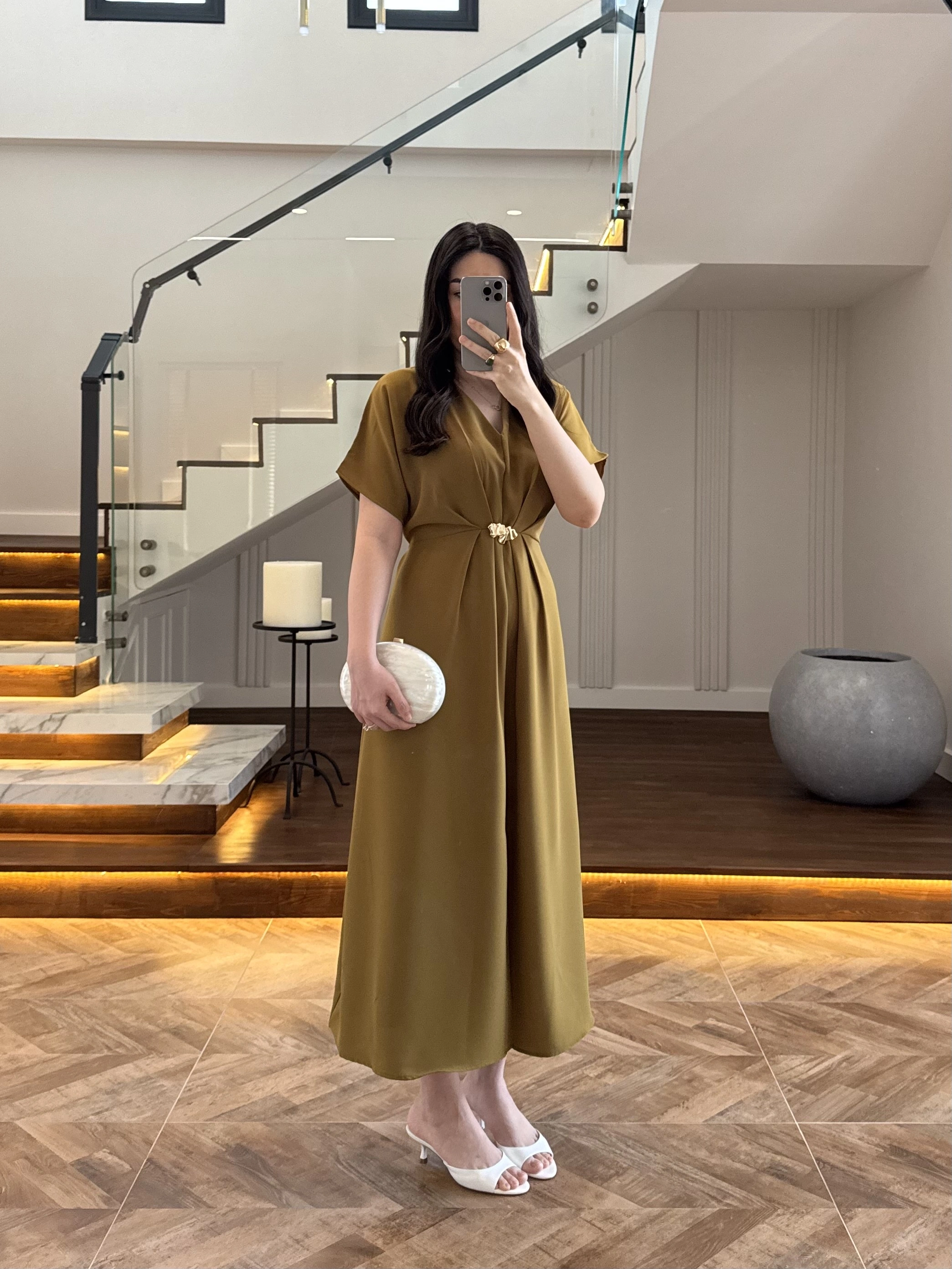 (ÖN SİPARİŞ )OLİVE TOKA DETAY BEL BAĞLAMALI ELBİSE- 4021