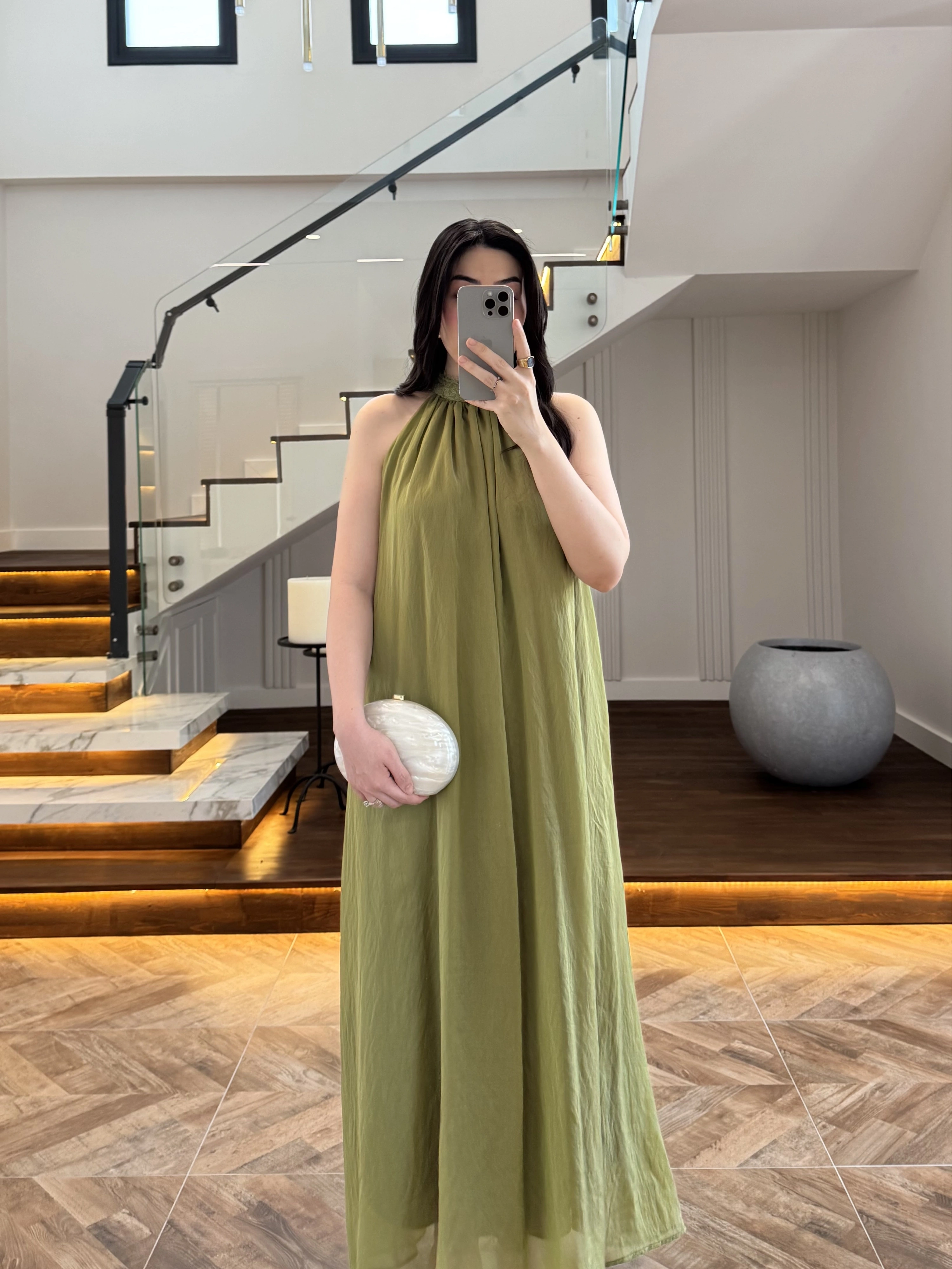 OLİVE YAKA BAĞCIKLI ELBİSE -4074
