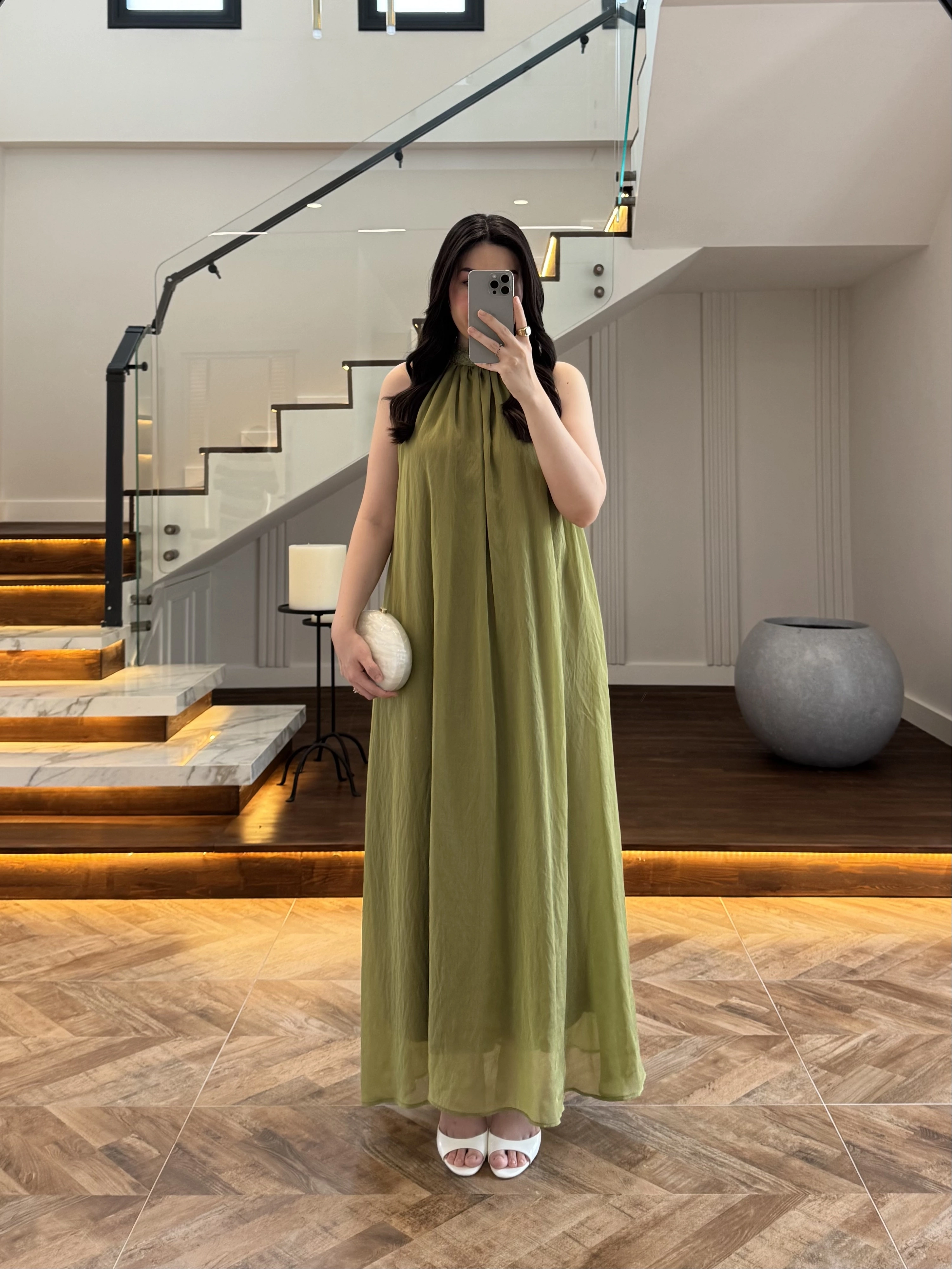 OLİVE YAKA BAĞCIKLI ELBİSE -4074