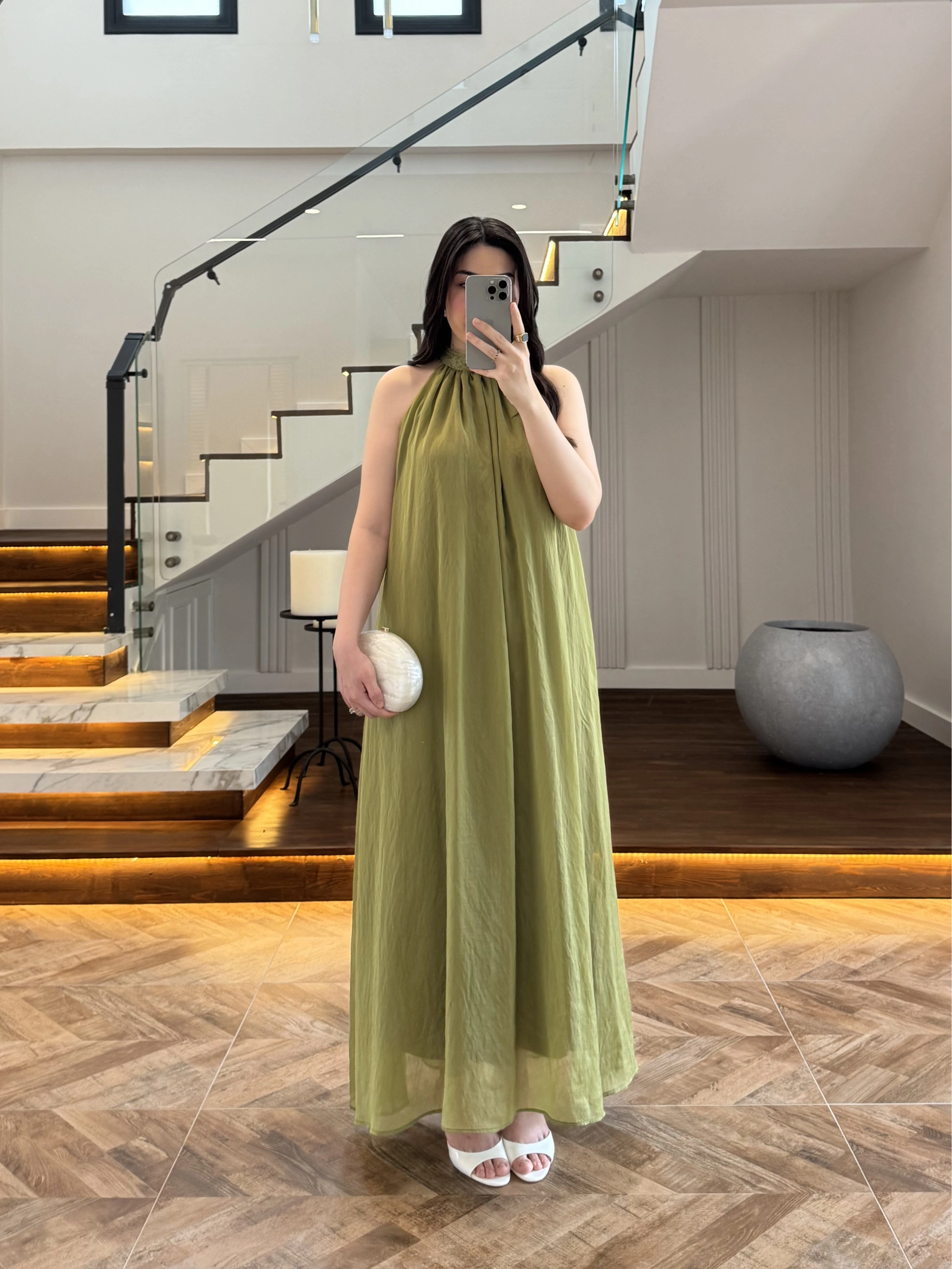 OLİVE YAKA BAĞCIKLI ELBİSE -4074