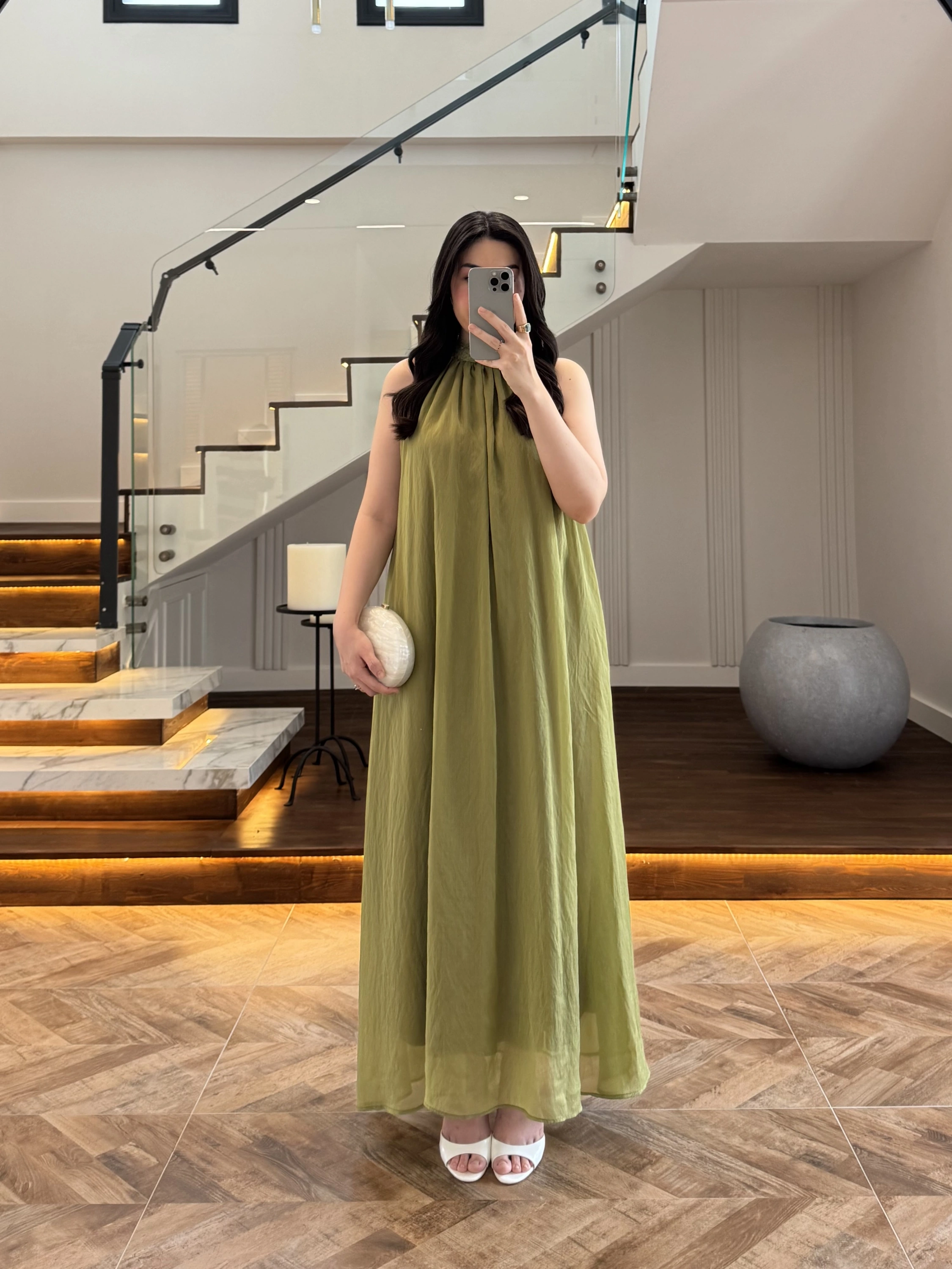 OLİVE YAKA BAĞCIKLI ELBİSE -4074
