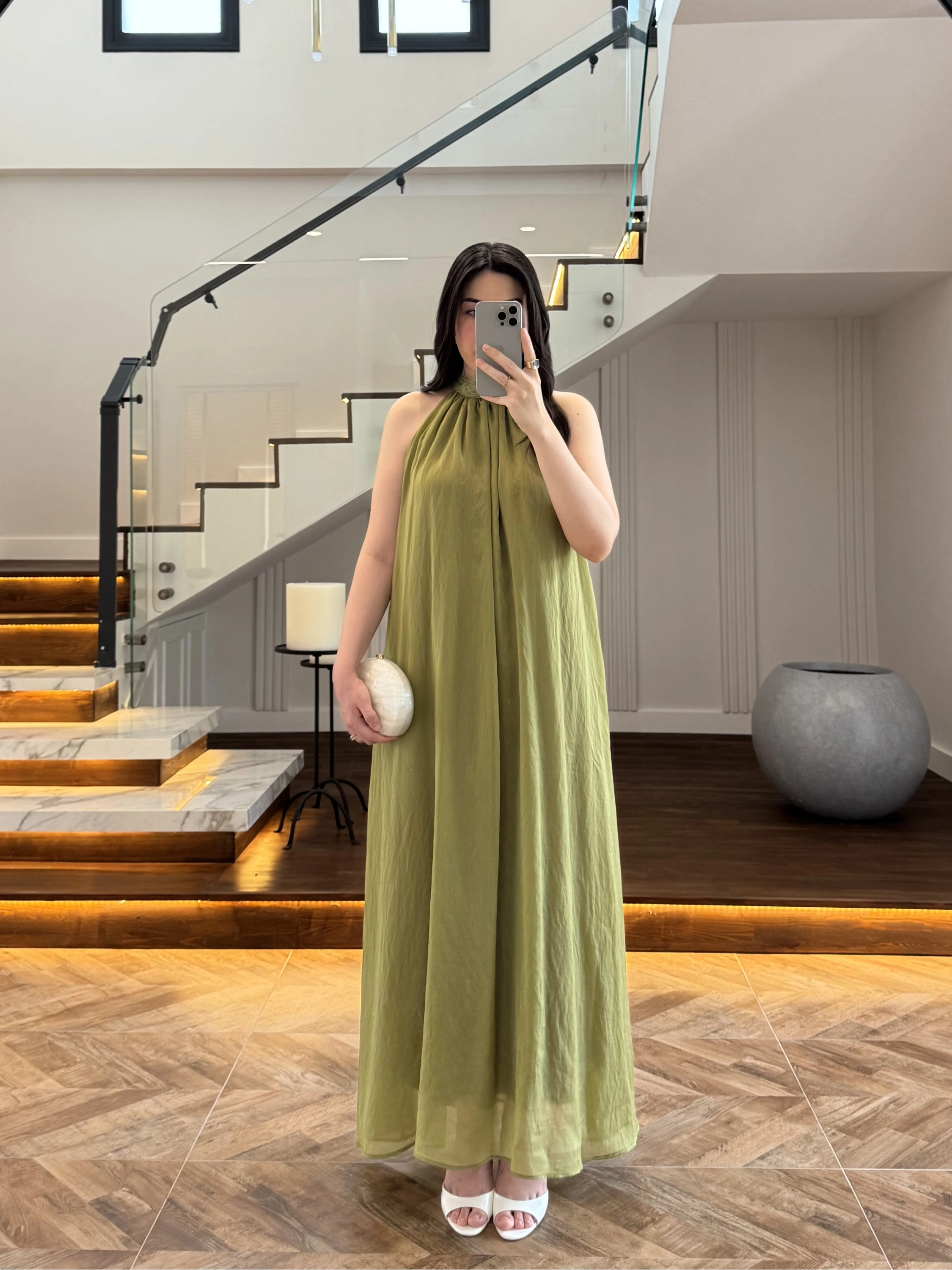OLİVE YAKA BAĞCIKLI ELBİSE -4074
