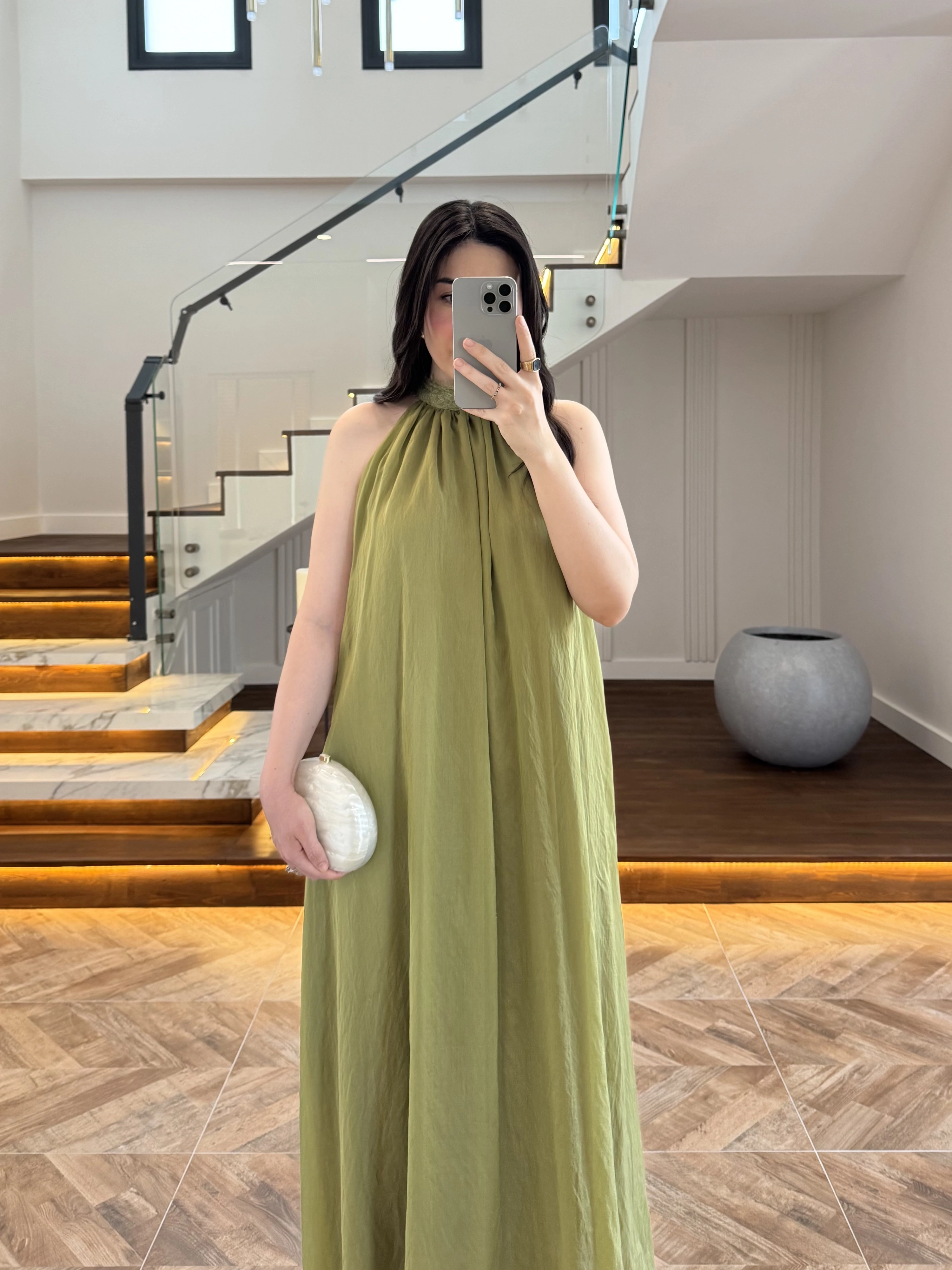 OLİVE YAKA BAĞCIKLI ELBİSE -4074