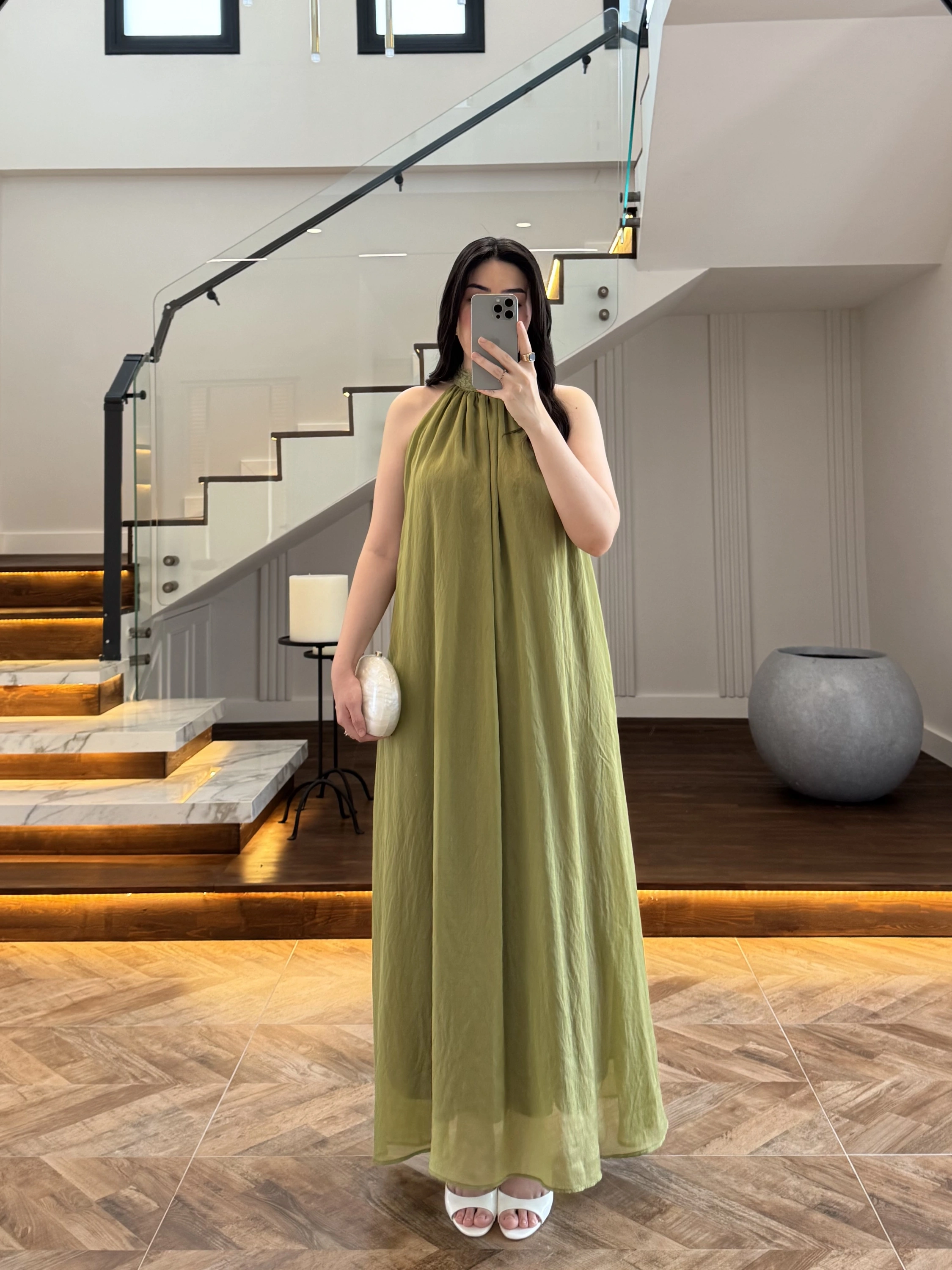 OLİVE YAKA BAĞCIKLI ELBİSE -4074