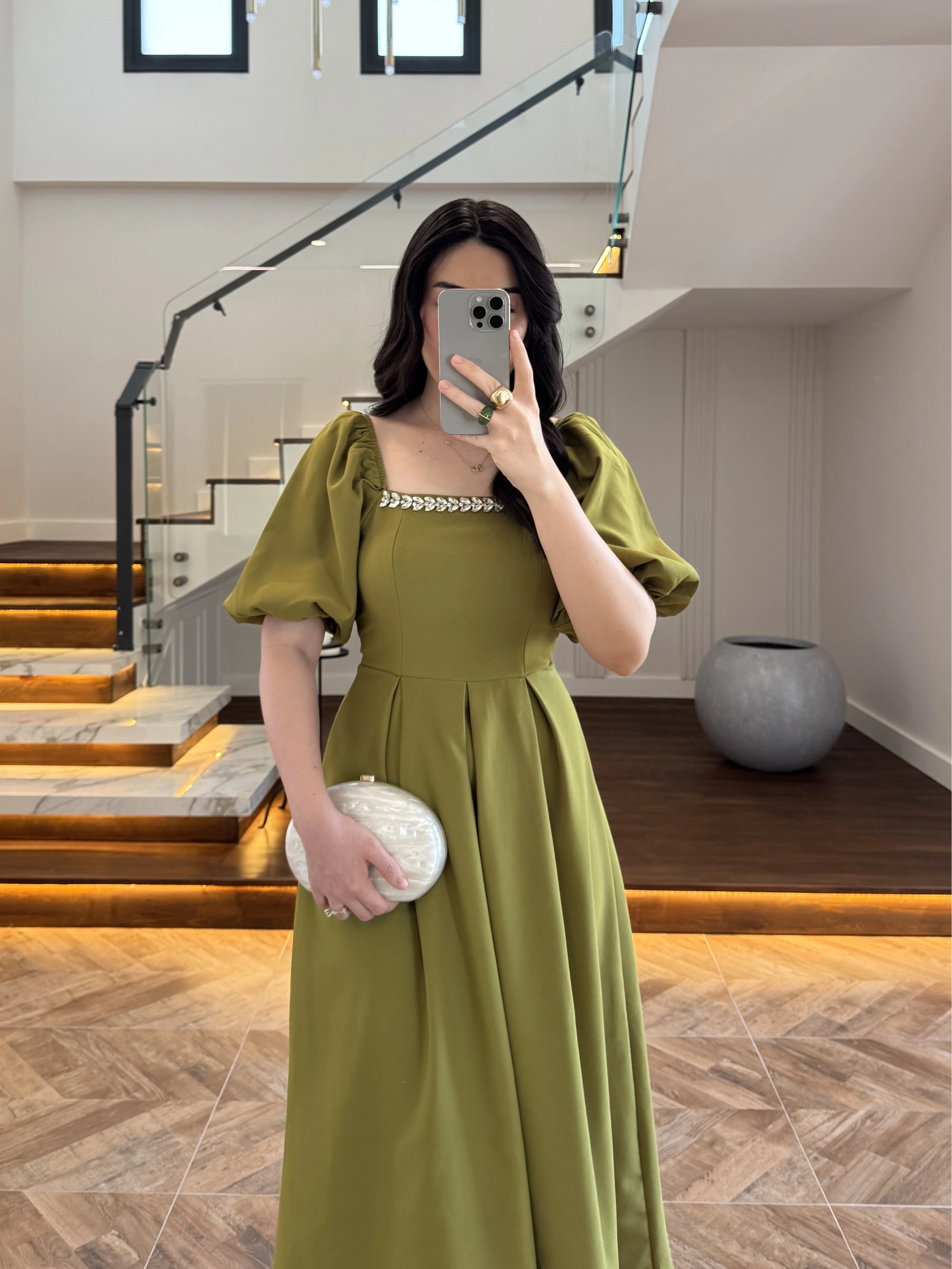 OLİVE YAKA TAŞ DETAY ELBİSE-4103