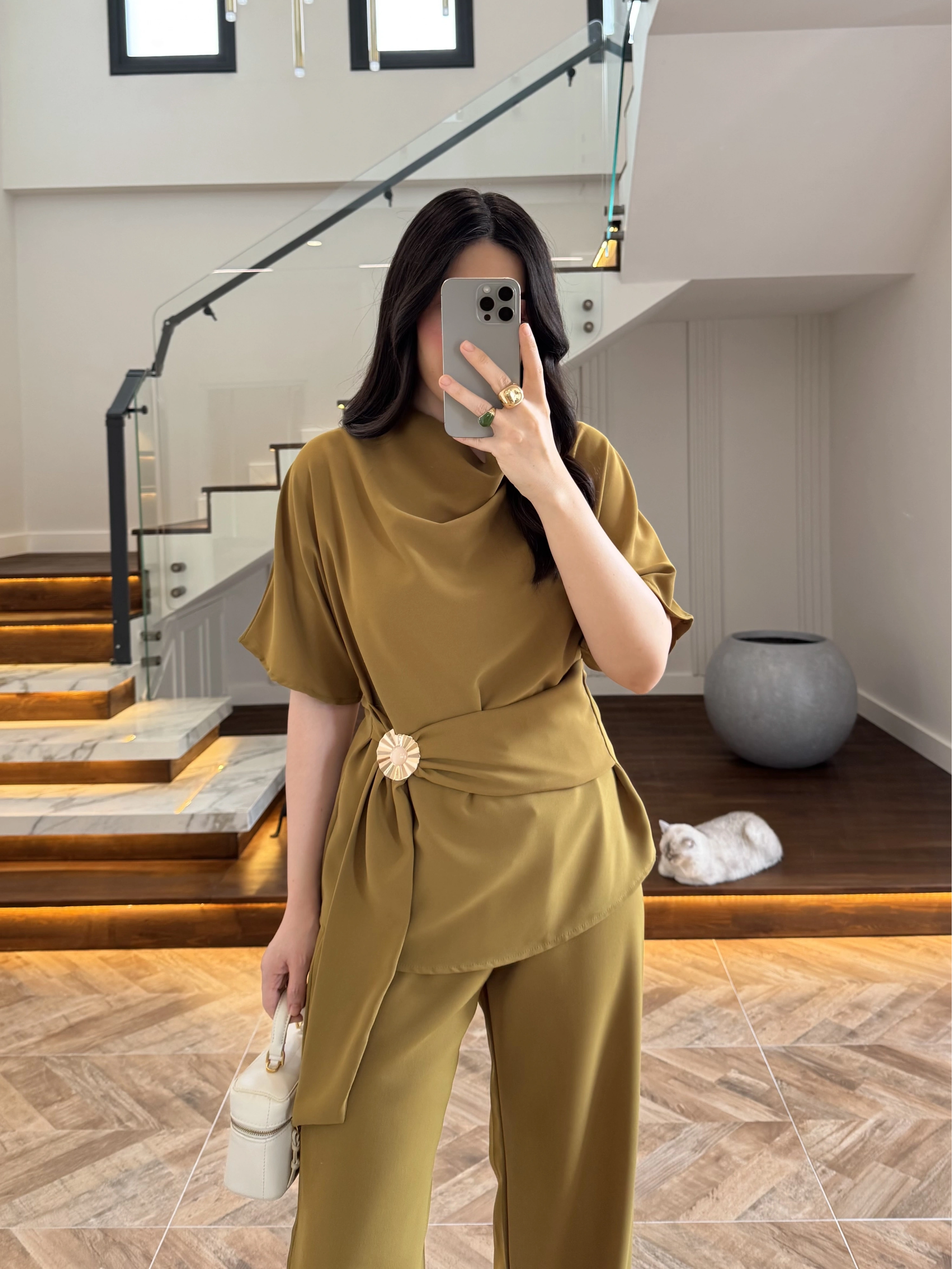 OLİVE YARIM KOL BELİ KUŞAKLI TAKIM -3977