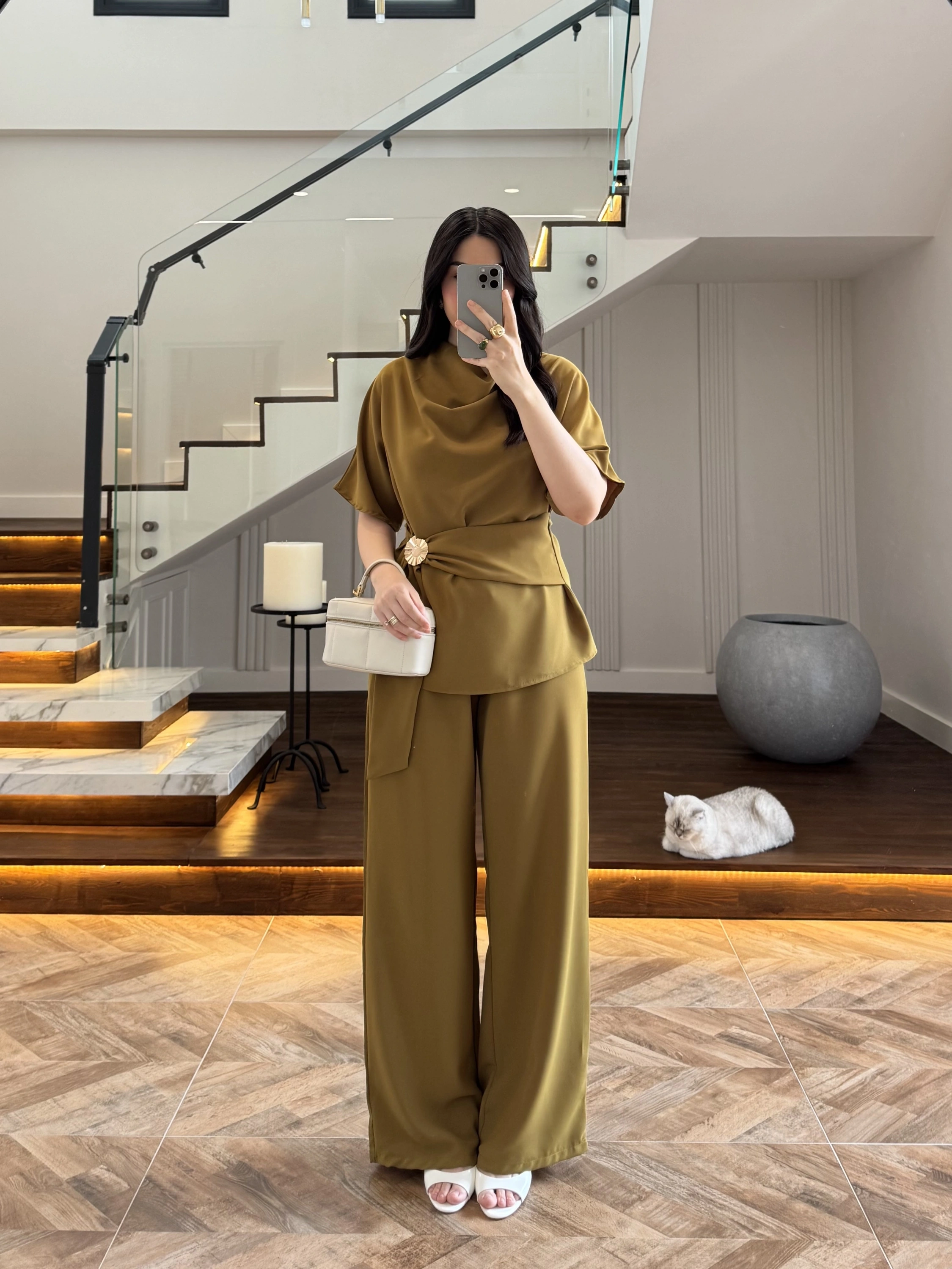 OLİVE YARIM KOL BELİ KUŞAKLI TAKIM -3977